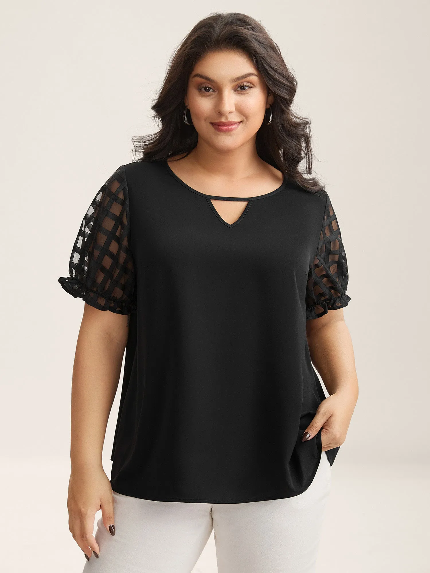 Sheer Grid Neck Keyhole Blouse sold by Bloomchic