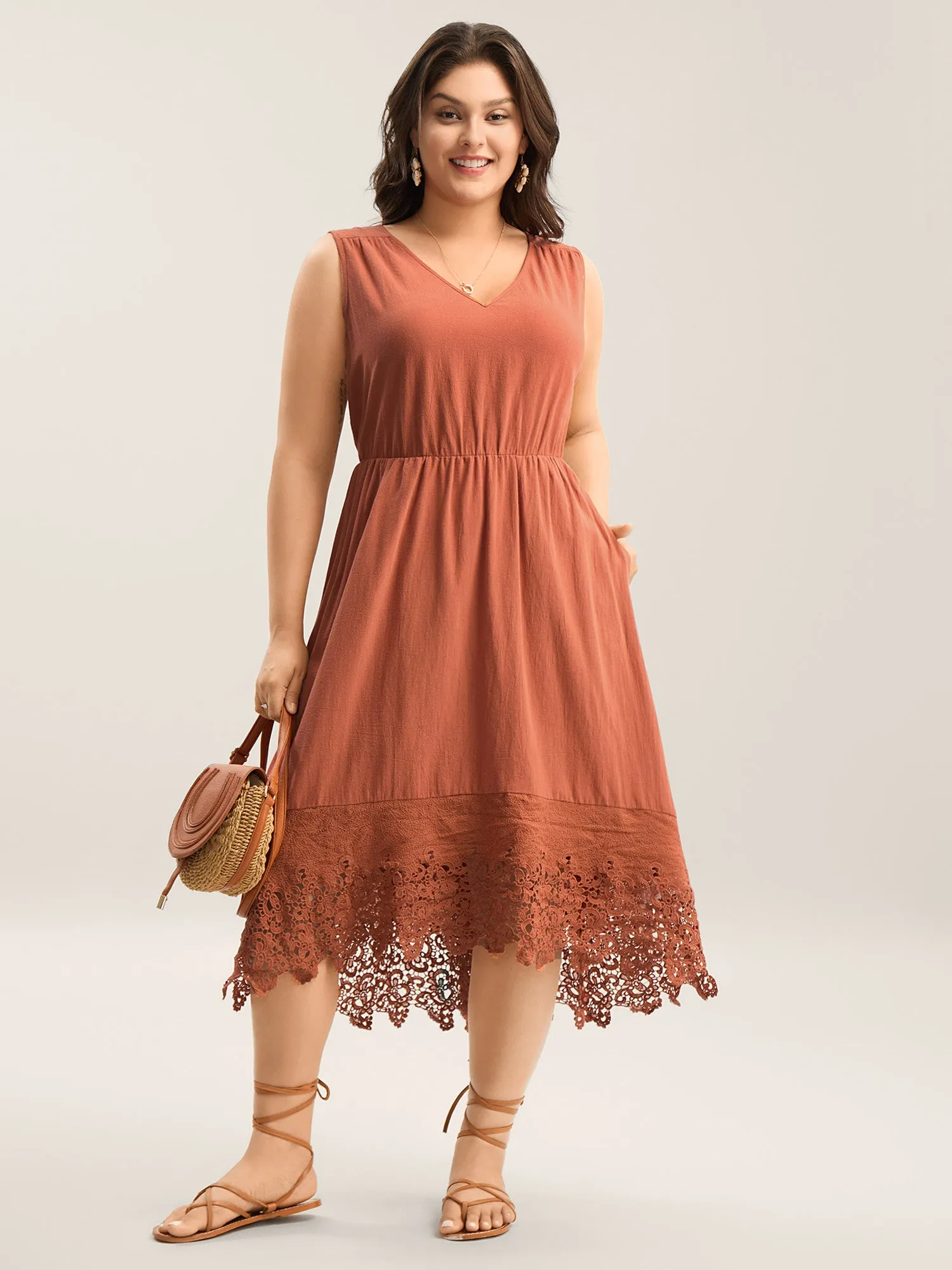 Cotton Lace Trim High Low Hem Midi Dress sold by Bloomchic