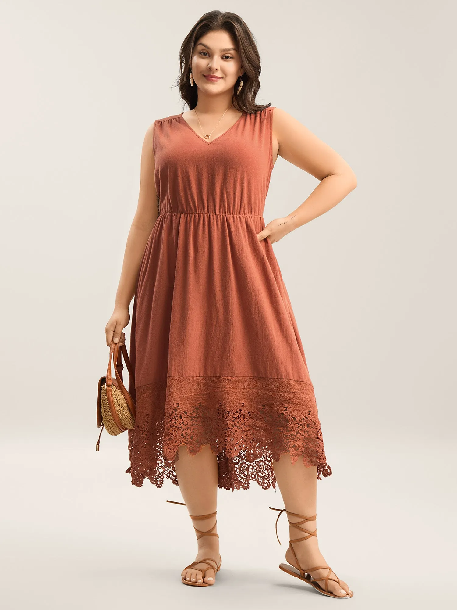 Cotton Lace Trim High Low Hem Midi Dress sold by Bloomchic product image thumbnail 3