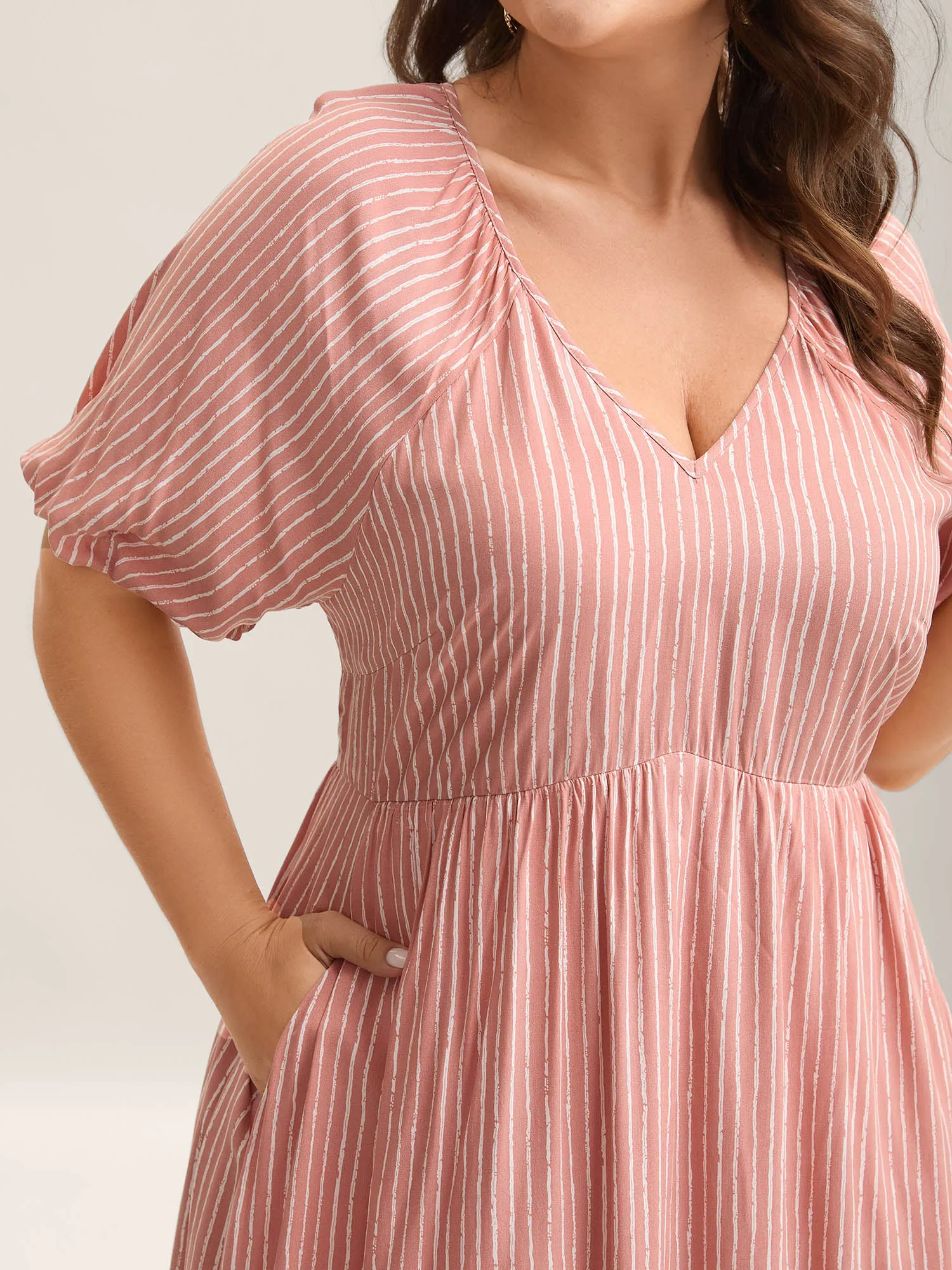 Rayon Stripe Print Puff Sleeve A-Line Dress sold by Bloomchic product image thumbnail 2
