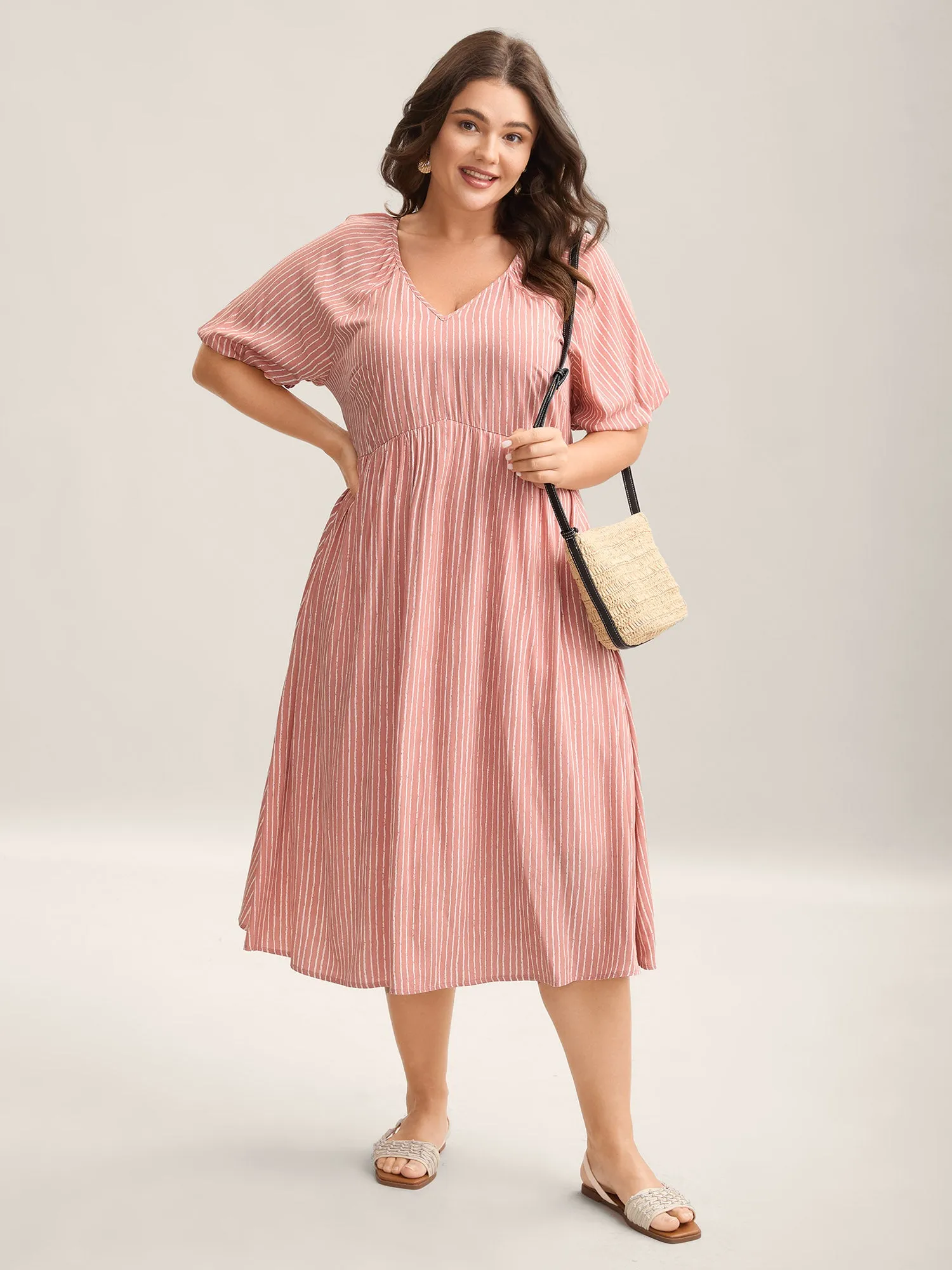 Rayon Stripe Print Puff Sleeve A-Line Dress sold by Bloomchic product image thumbnail 3