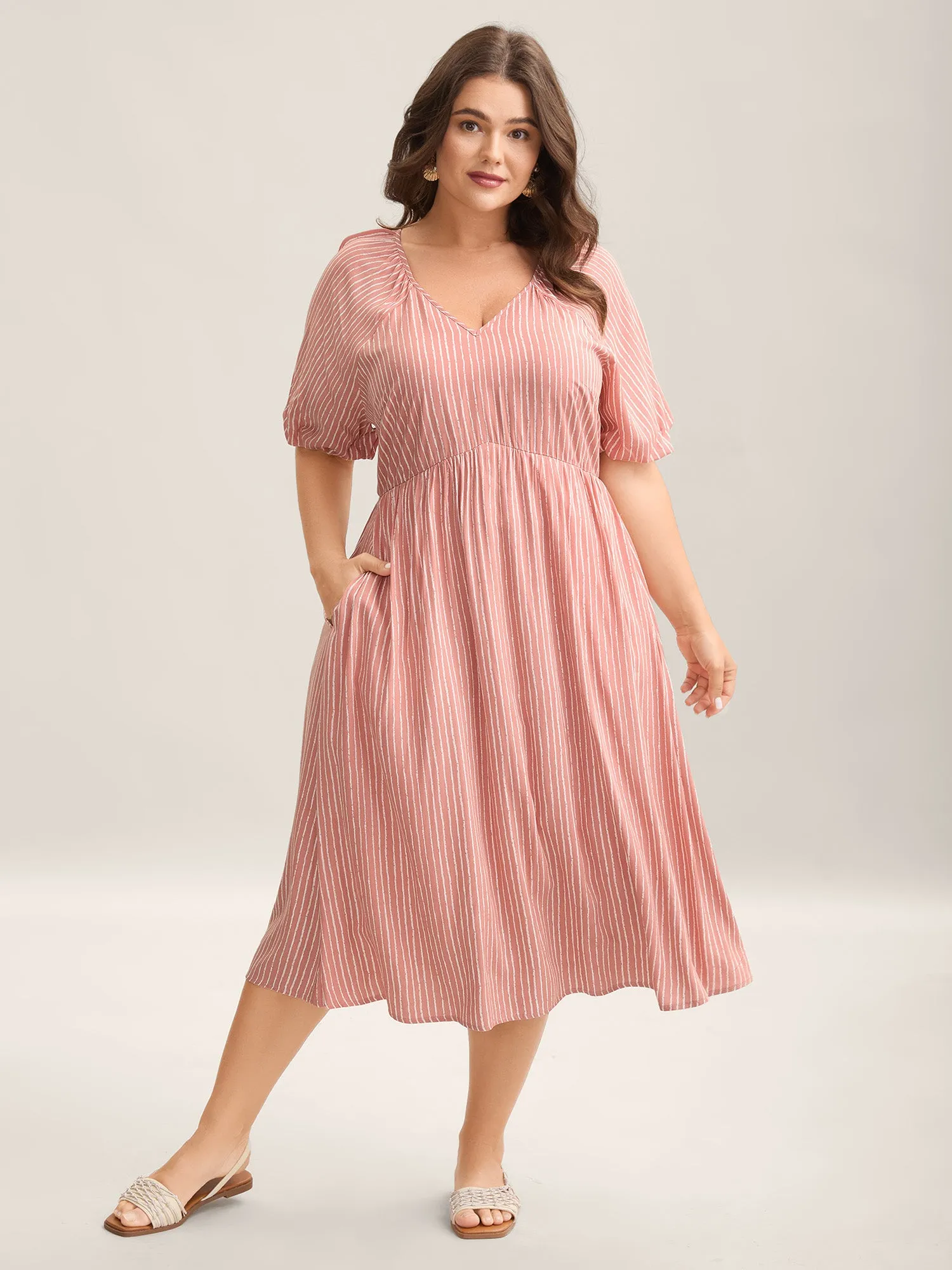 Rayon Stripe Print Puff Sleeve A-Line Dress sold by Bloomchic