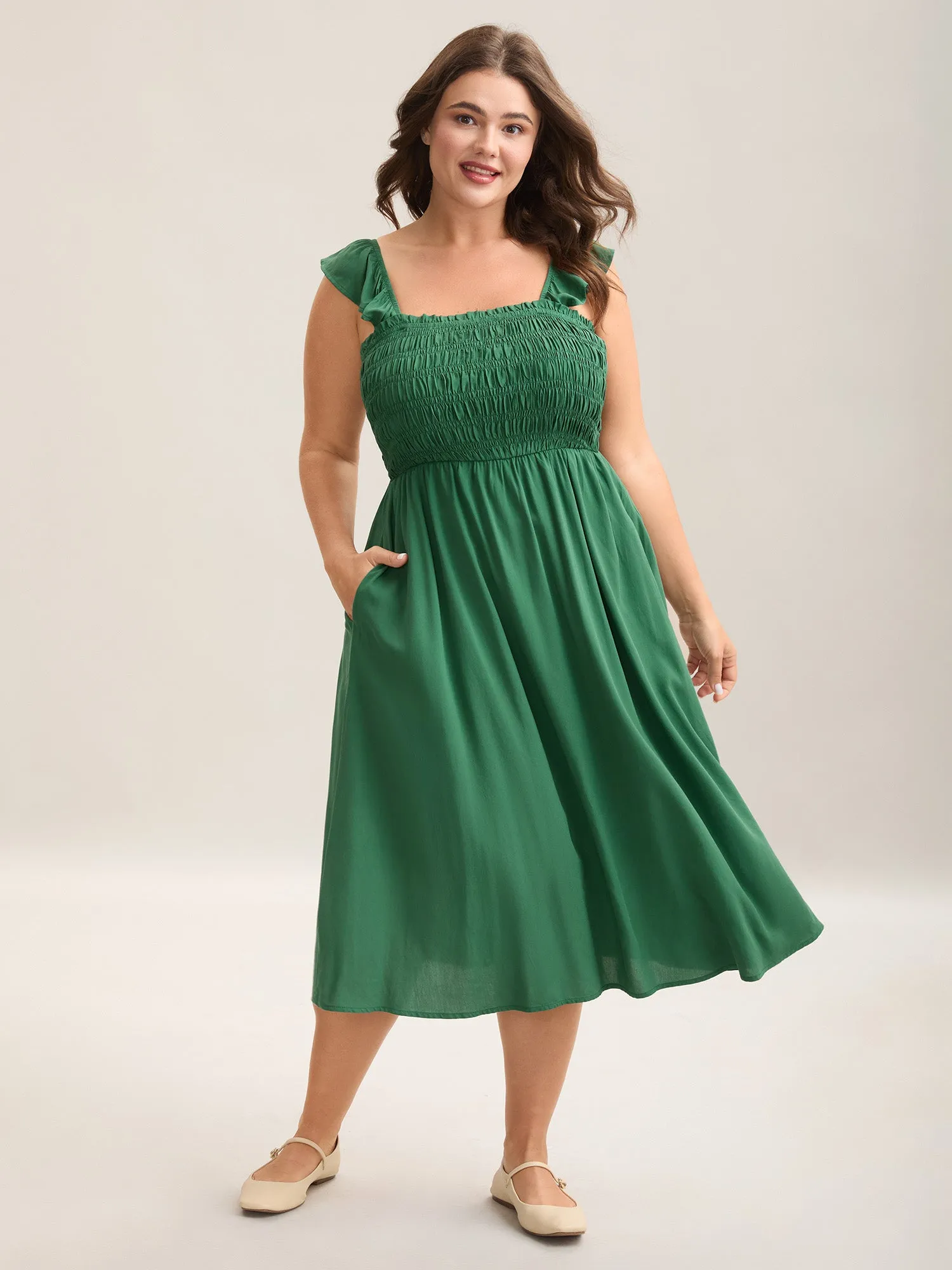 Rayon Shirred Flutter Straps Pockets Midi Dress sold by Bloomchic