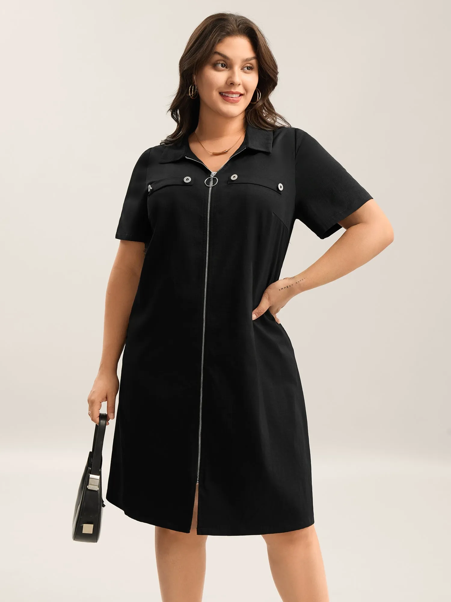 Zipper Front Chest Flaps Shirt Dress sold by Bloomchic