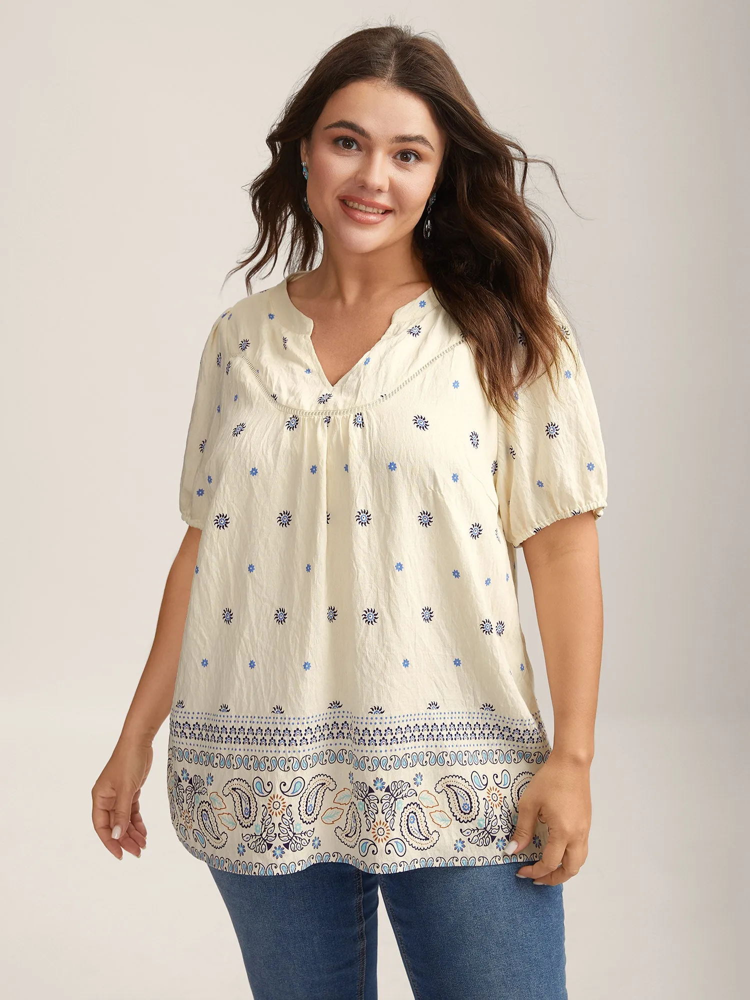 Boho Print Notched Collar Blouse sold by Bloomchic