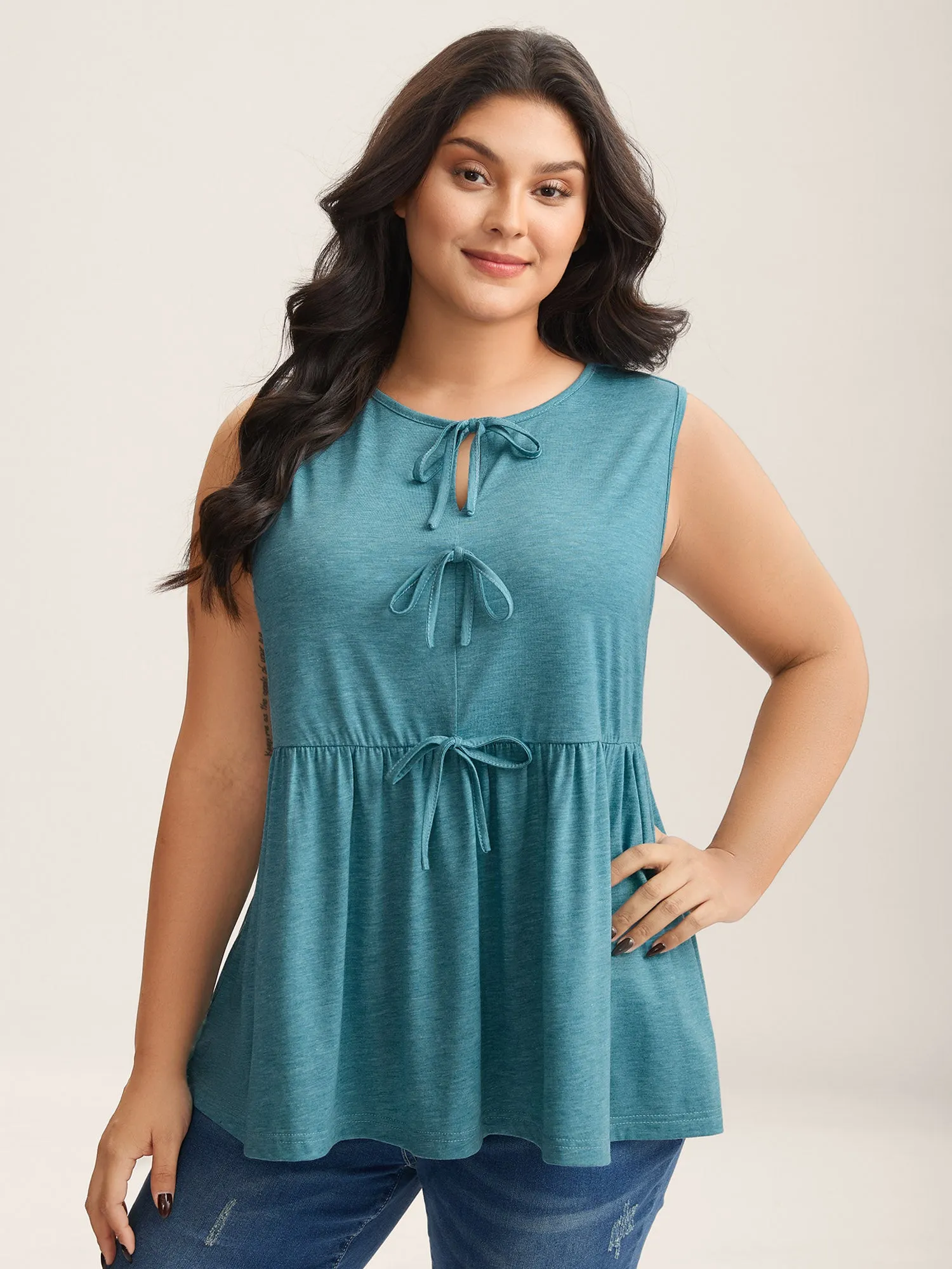 Bow Tie Detail Neck Keyhole Tank Top sold by Bloomchic