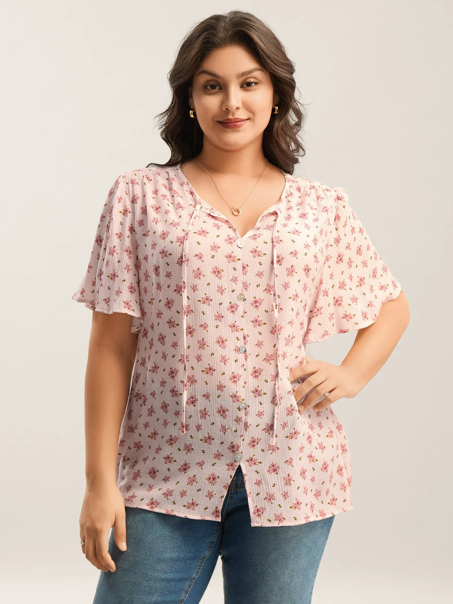 Blushing Floral Print Button Detail Blouse sold by Bloomchic