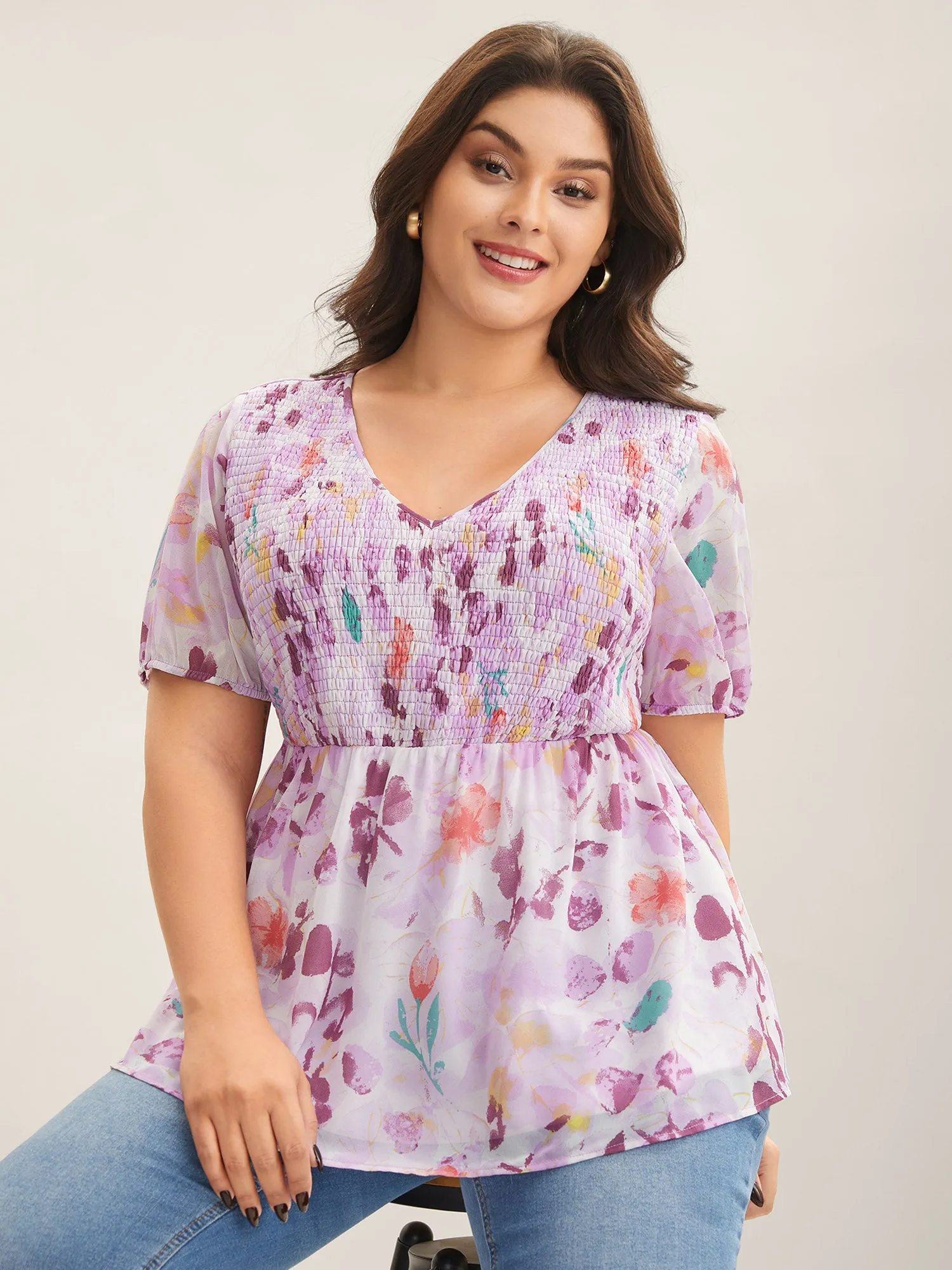 Floral Print Shirred Bodice Blouse sold by Bloomchic