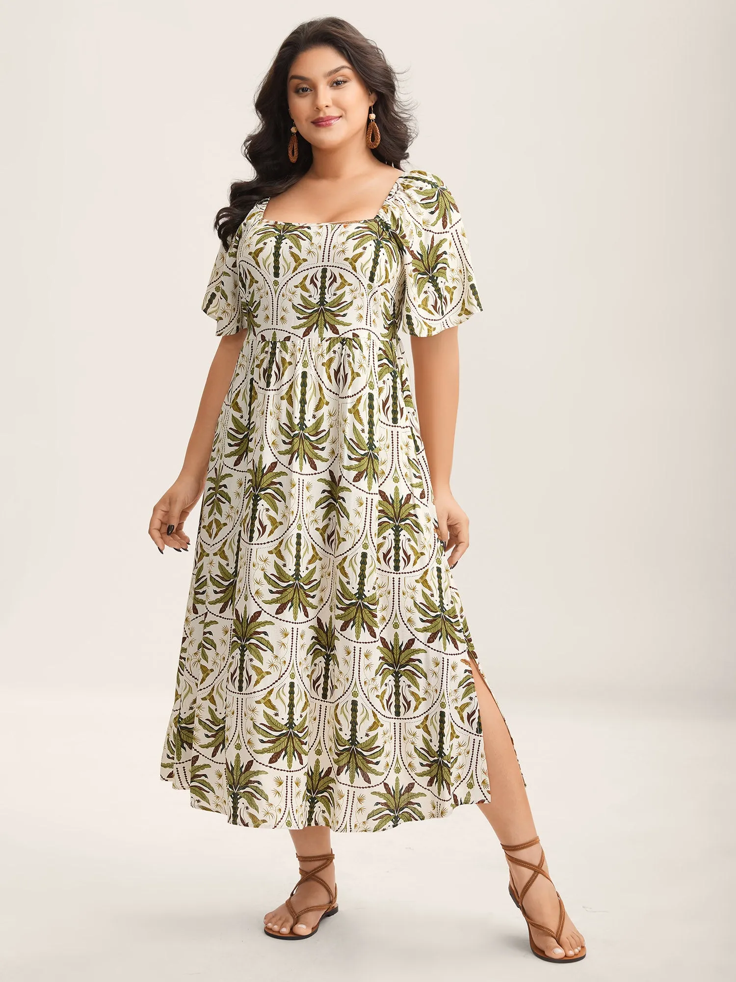Tropical Print A-Line Slit Midi Dress sold by Bloomchic
