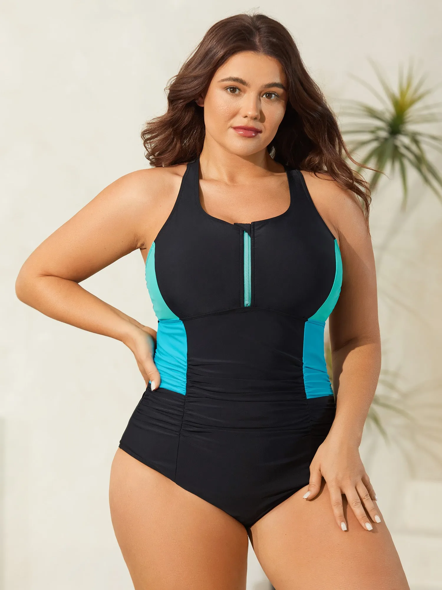 Color Block Zipper Front One-Piece Swimsuit sold by Bloomchic product image thumbnail 2