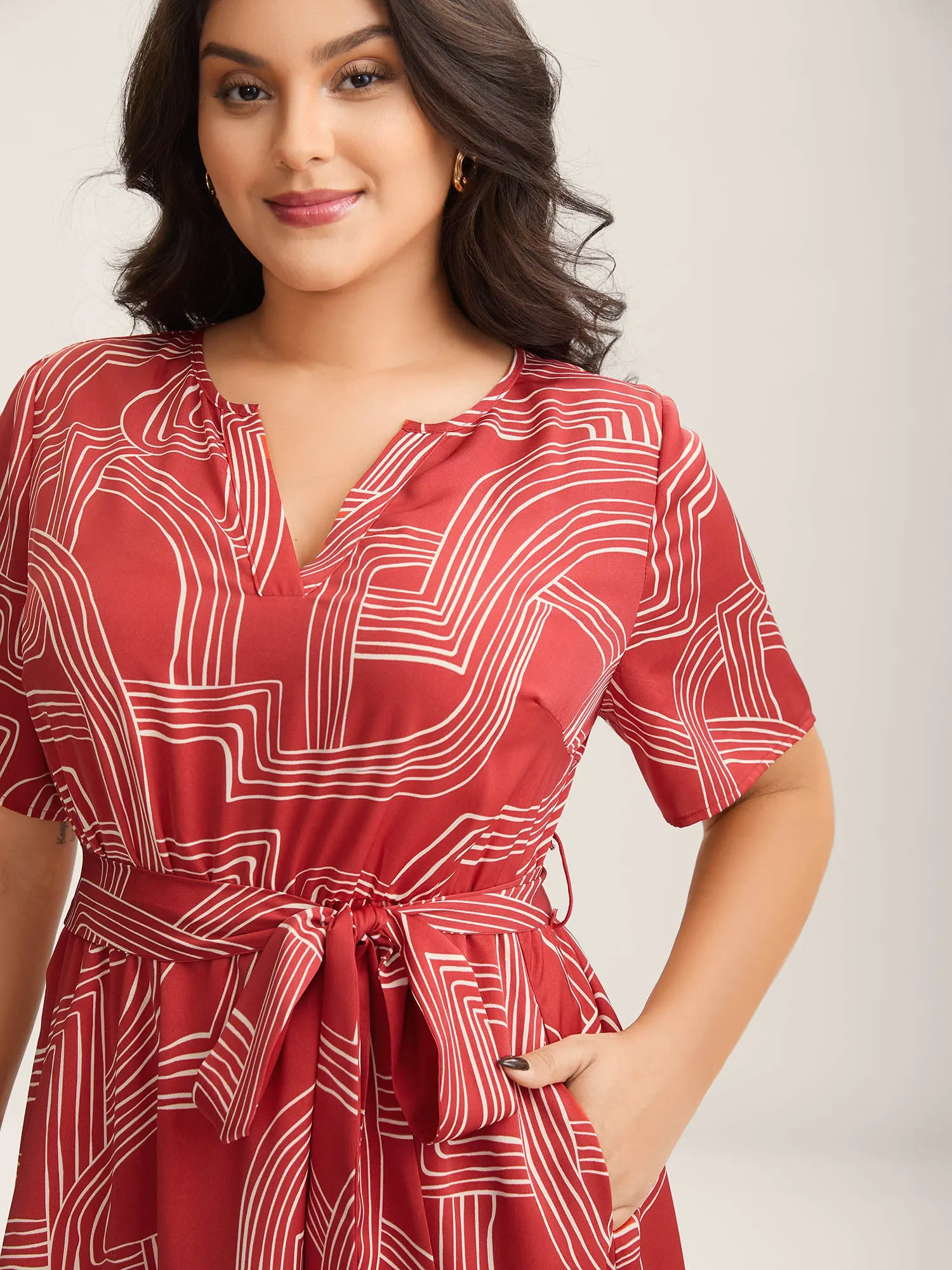 Geometric Print Belted Pockets Midi Dress sold by Bloomchic product image thumbnail 2