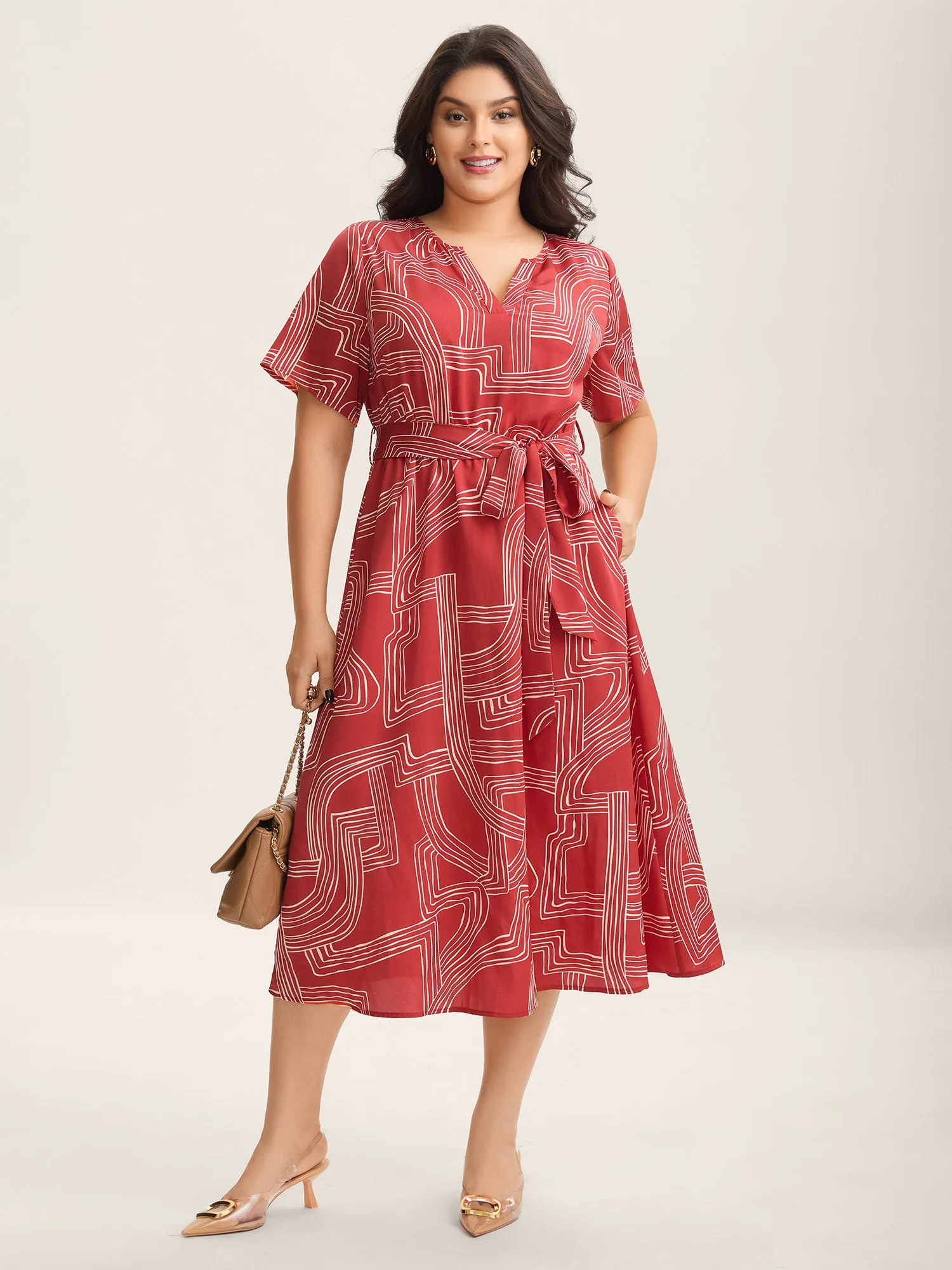 Geometric Print Belted Pockets Midi Dress sold by Bloomchic