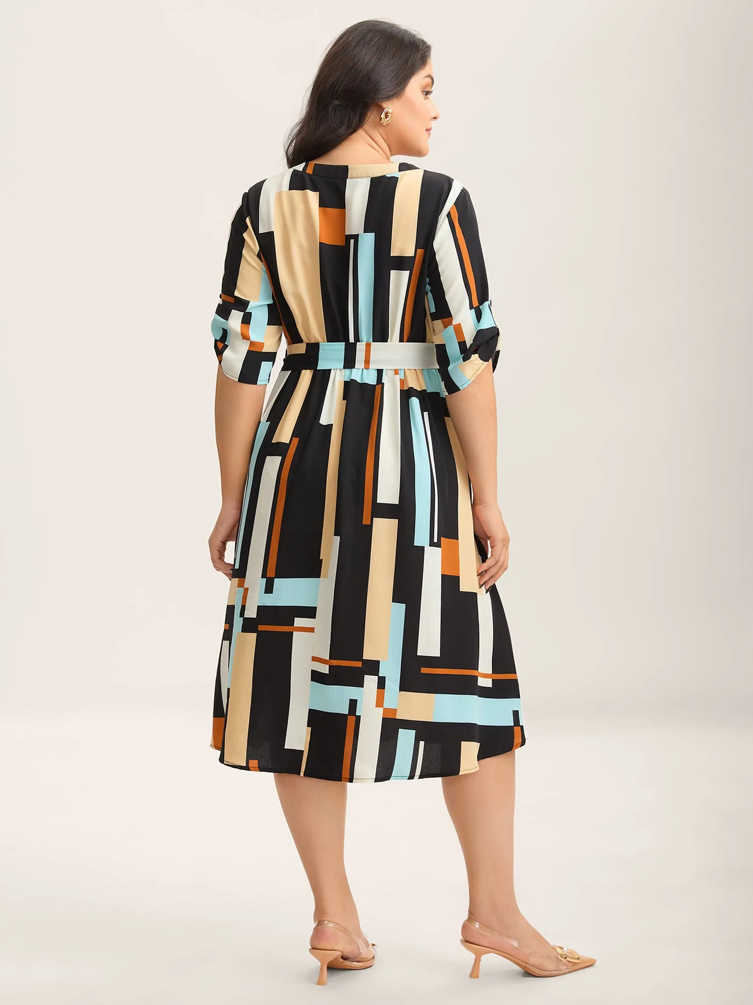 Geometric Print Stretchy Waist Belted Midi Dress sold by Bloomchic product image thumbnail 4