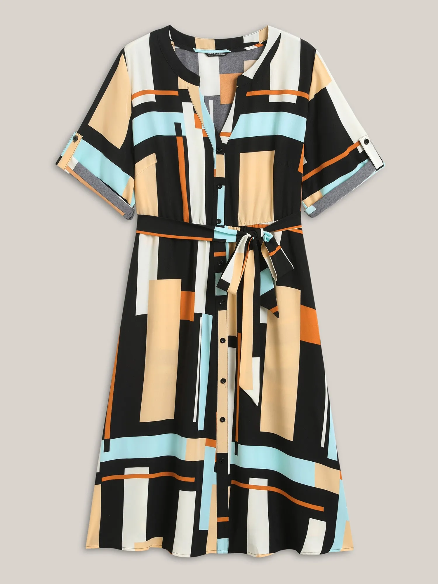 Geometric Print Stretchy Waist Belted Midi Dress sold by Bloomchic product image thumbnail 5