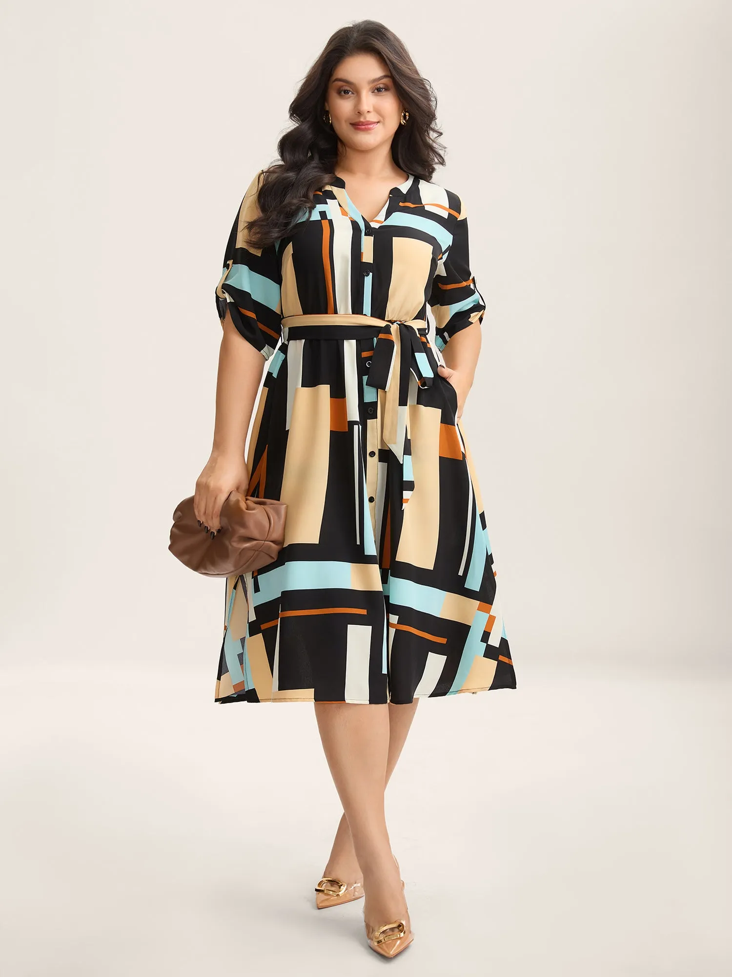Geometric Print Stretchy Waist Belted Midi Dress sold by Bloomchic product image thumbnail 3