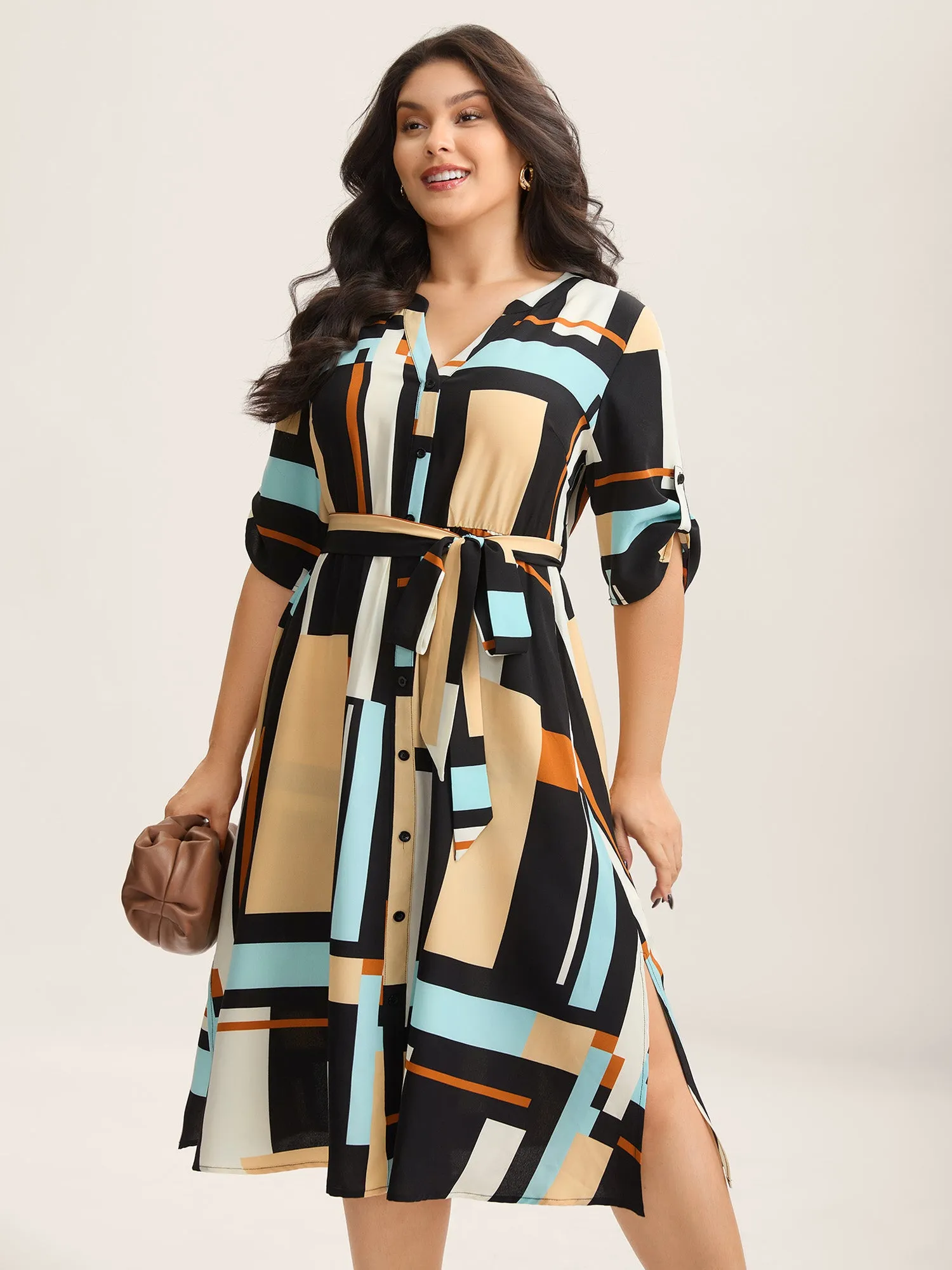 Geometric Print Stretchy Waist Belted Midi Dress sold by Bloomchic
