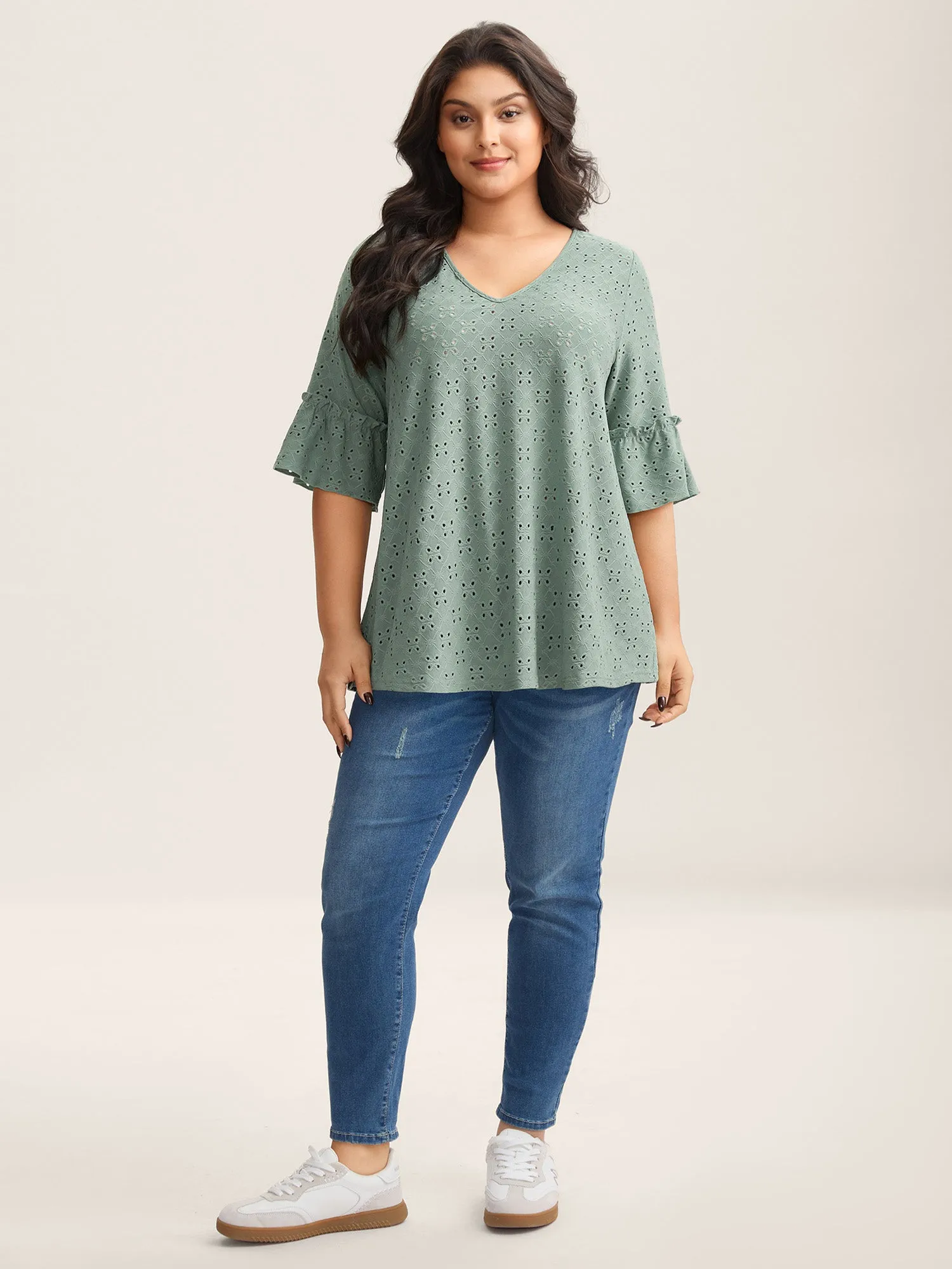 Cut-Out Ruffled Sleeve Plain Knit Top sold by Bloomchic product image thumbnail 3