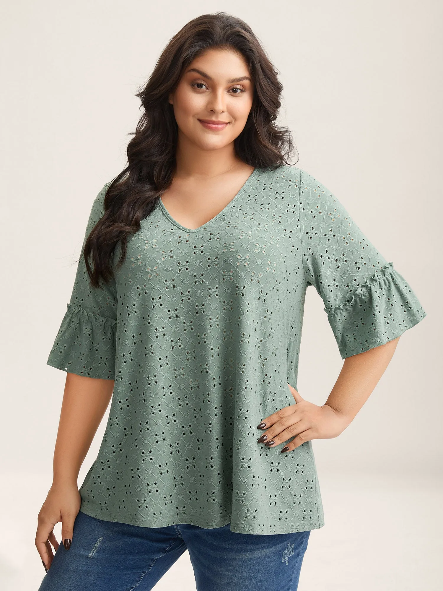 Cut-Out Ruffled Sleeve Plain Knit Top sold by Bloomchic
