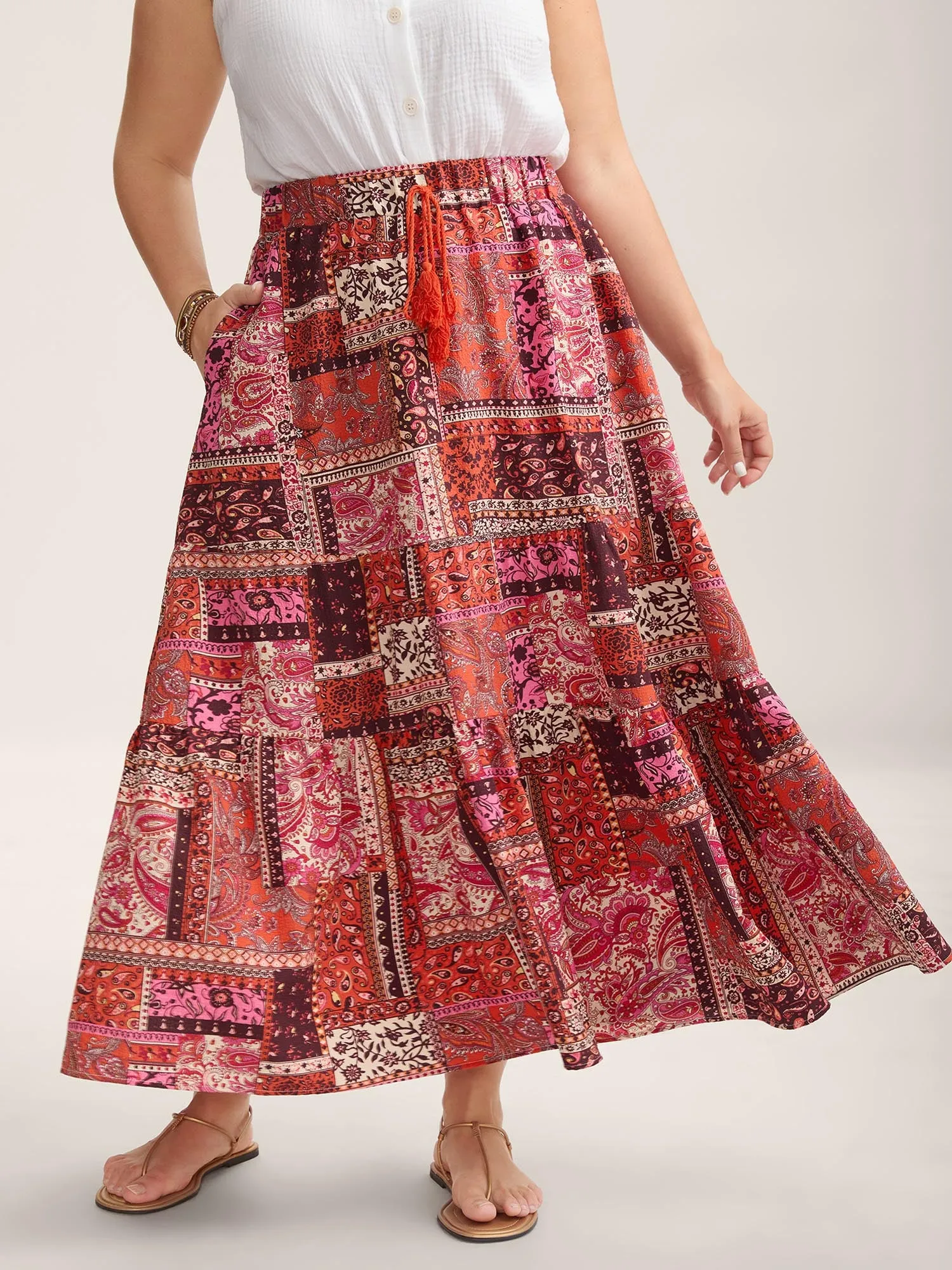 Geometric Collage Waist-Tie Maxi Skirt sold by Bloomchic