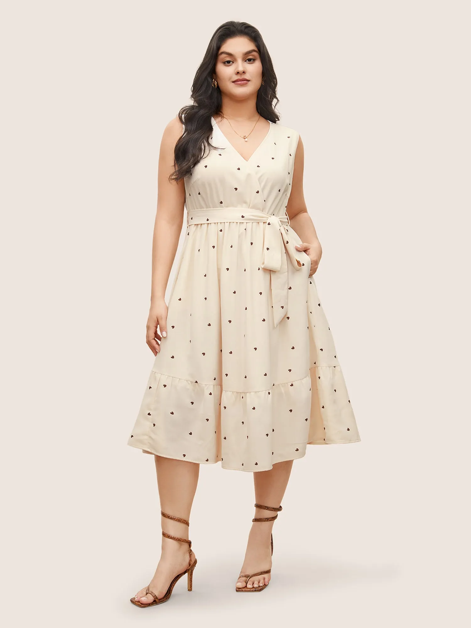 Heart Print Surplice Neck Patchwork Flutter Hem Dress sold by Bloomchic product image thumbnail 2