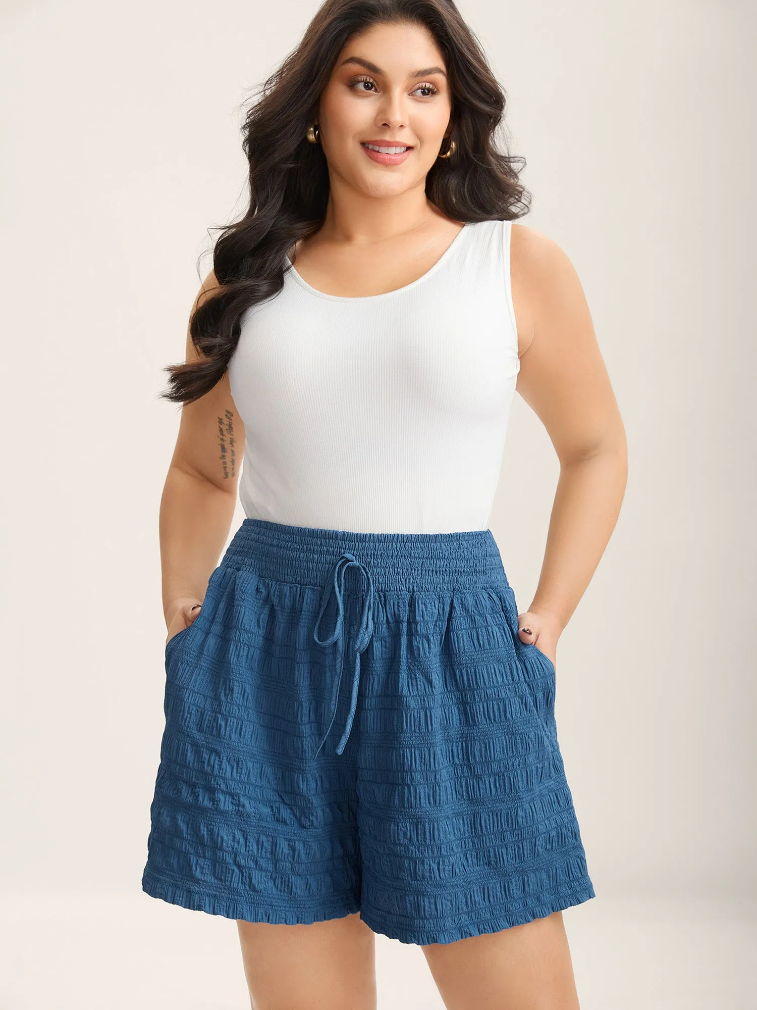 Textured Shirred Waist Tie Shorts sold by Bloomchic