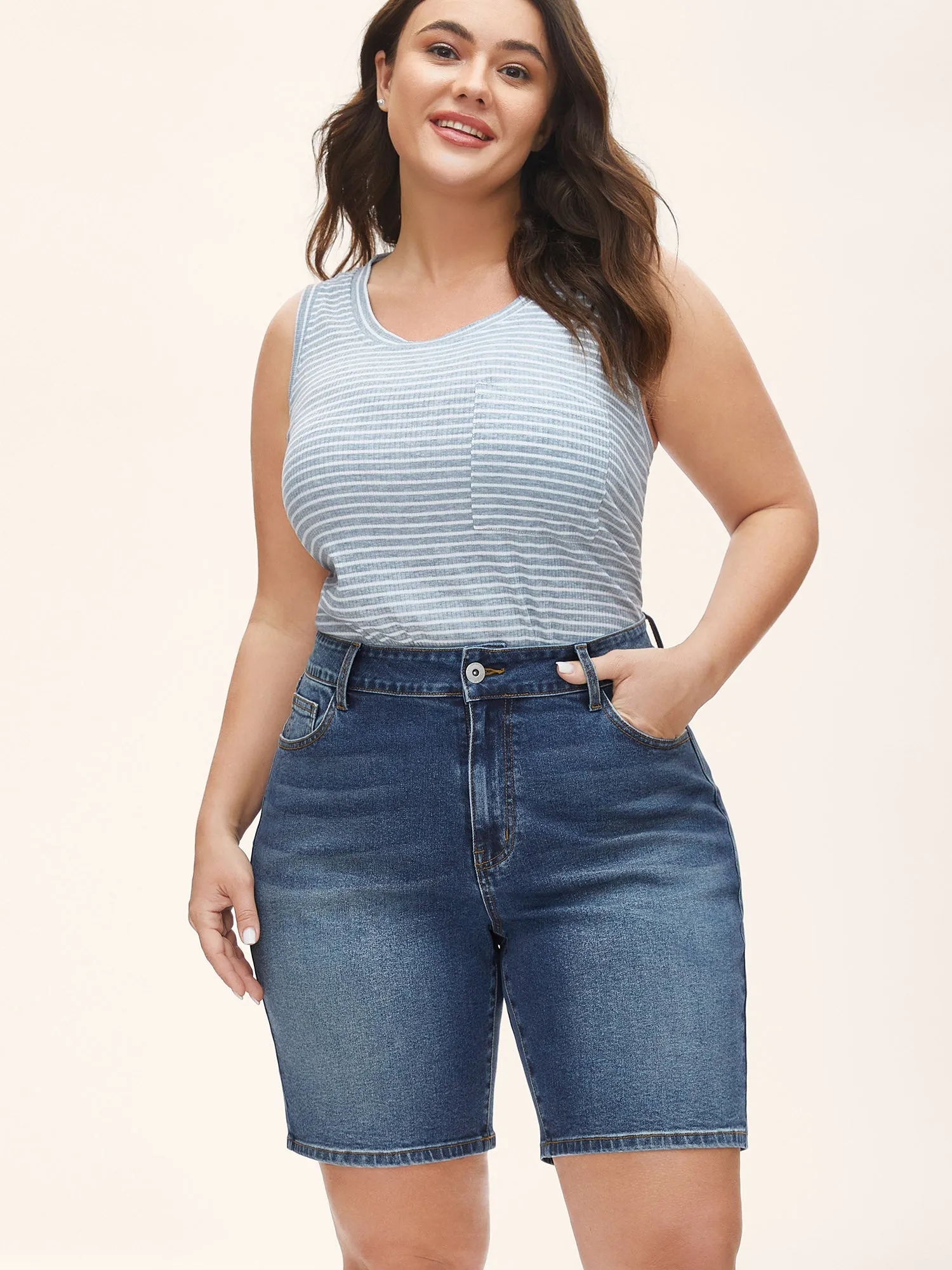 Stretch Straight-Leg Faded Denim Shorts sold by Bloomchic