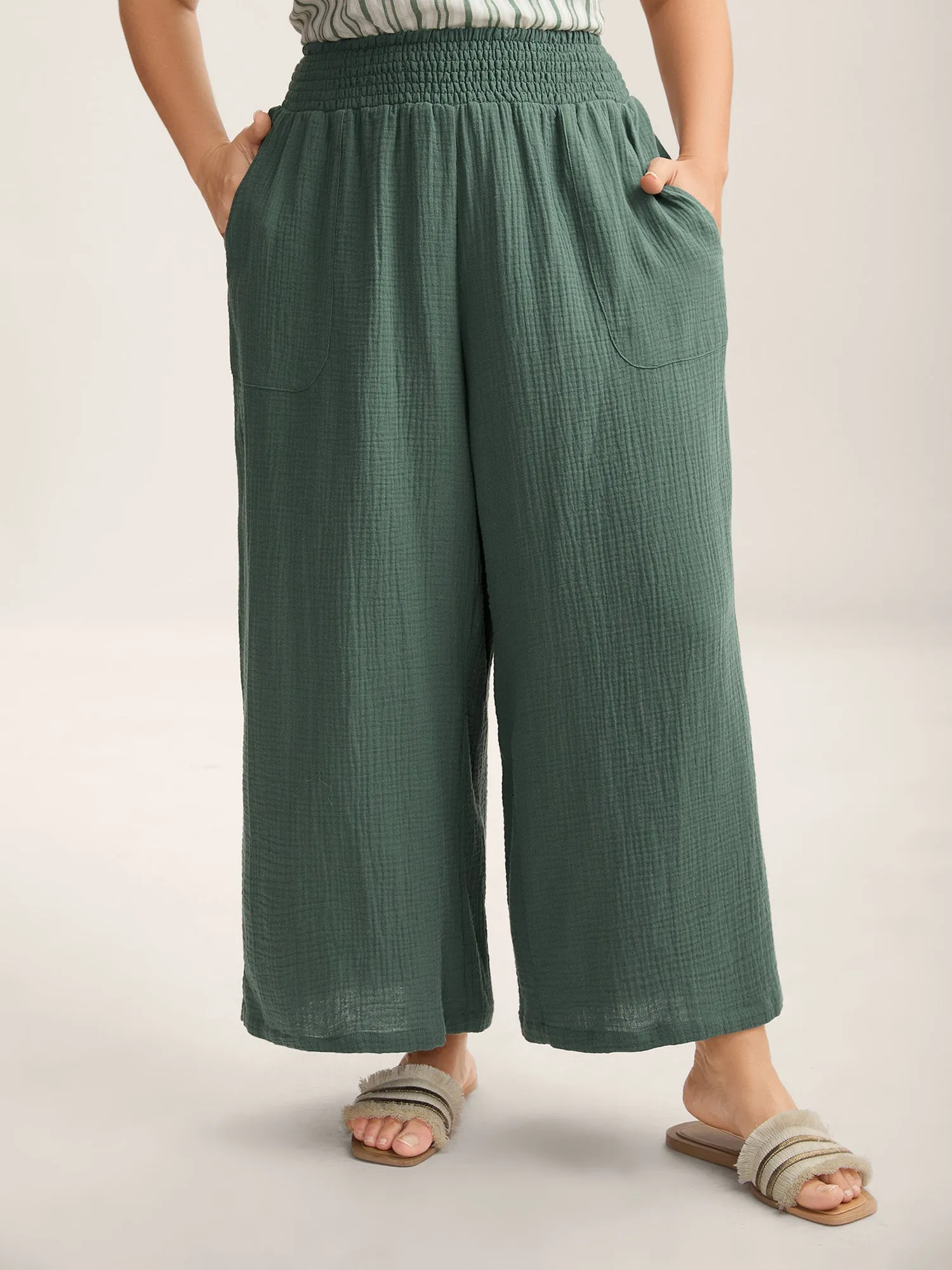 Cotton Shirred Textured Wide-Leg Pants sold by Bloomchic
