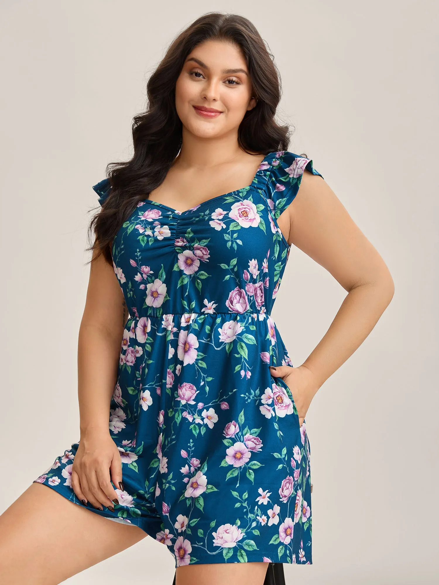 Flirty Floral Print Cinched-Waist Romper sold by Bloomchic product image thumbnail 4