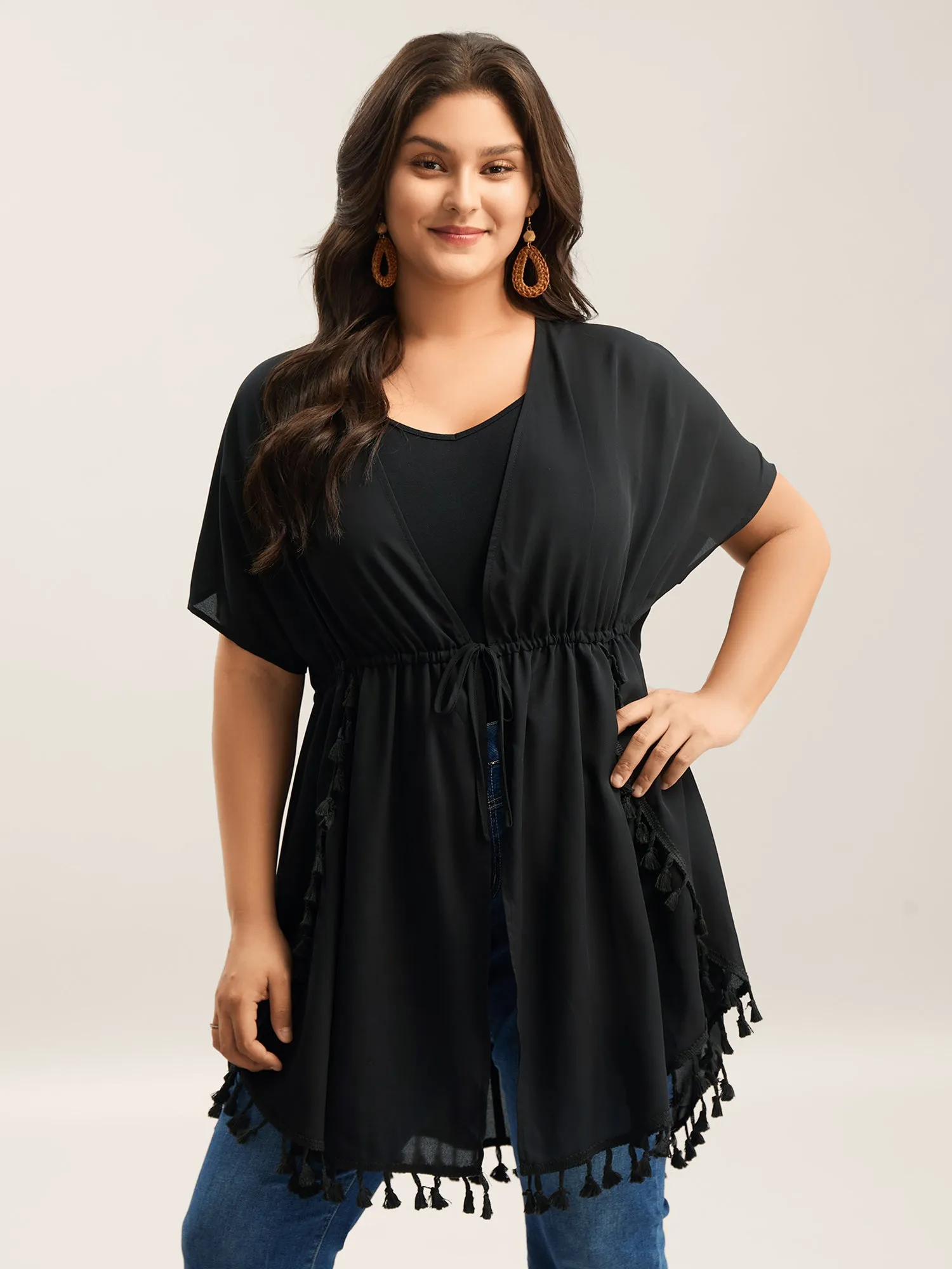 Overlap Hem Waist-Tie Sheer Kimono sold by Bloomchic