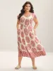 Breezy Boho Print Drawstring Waist Midi Dress sold by Bloomchic