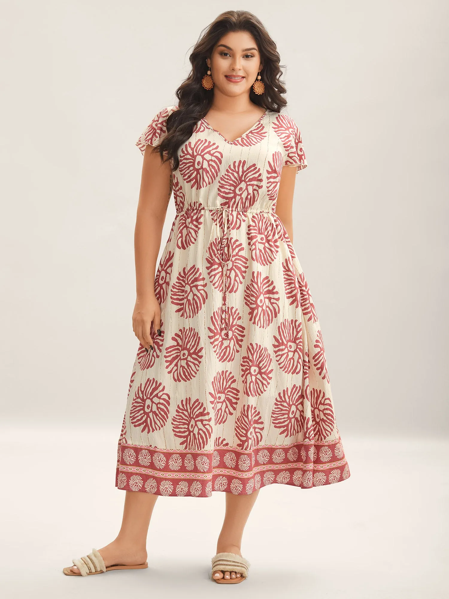 Breezy Boho Print Drawstring Waist Midi Dress sold by Bloomchic