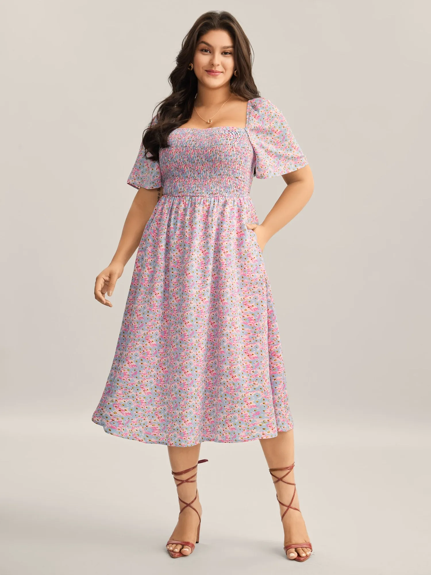 Floral Print Shirred Pockets Midi Dress sold by Bloomchic