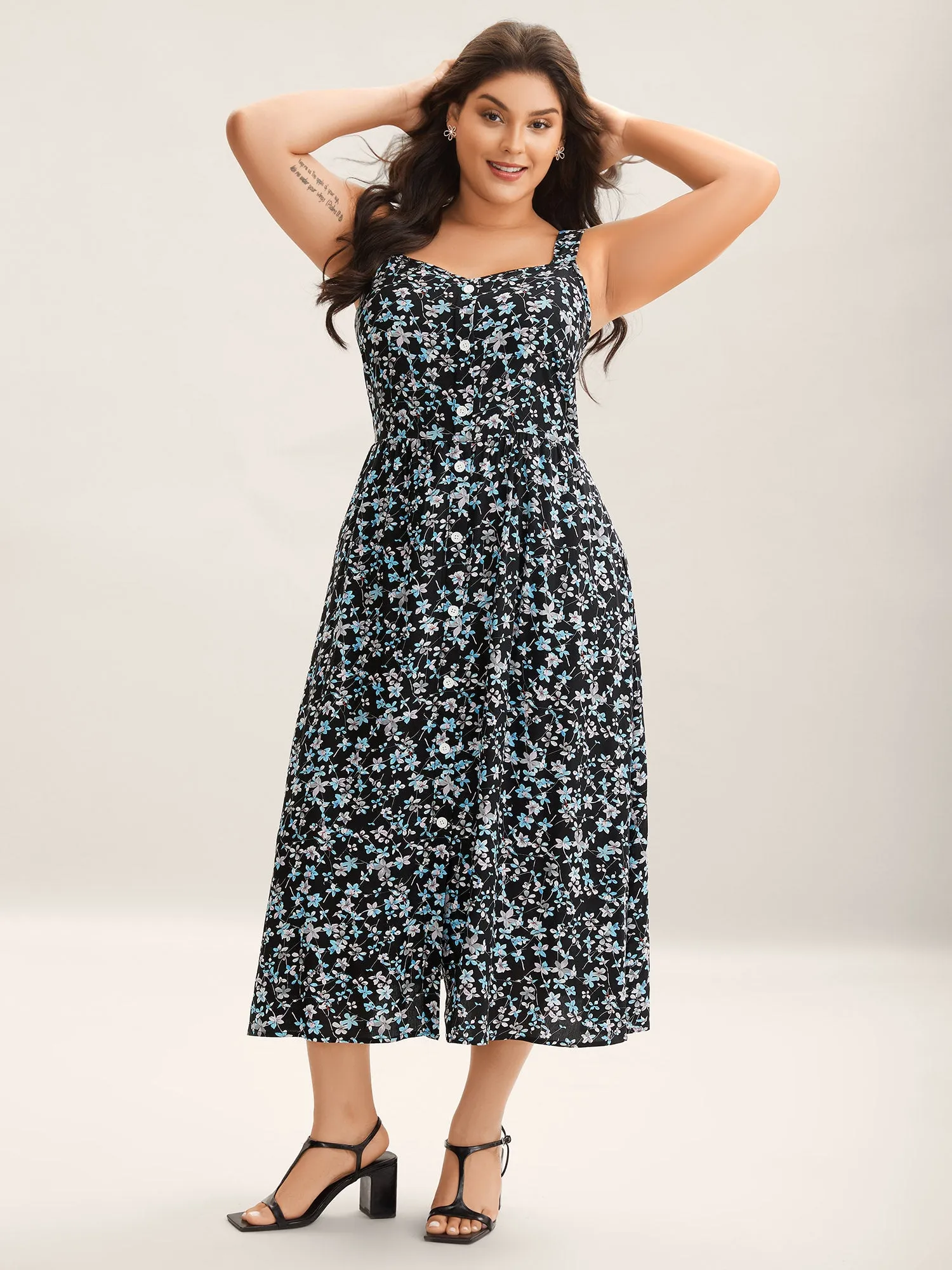Floral Print Button Detail Sleeveless Pockets Midi Dress sold by Bloomchic product image thumbnail 3
