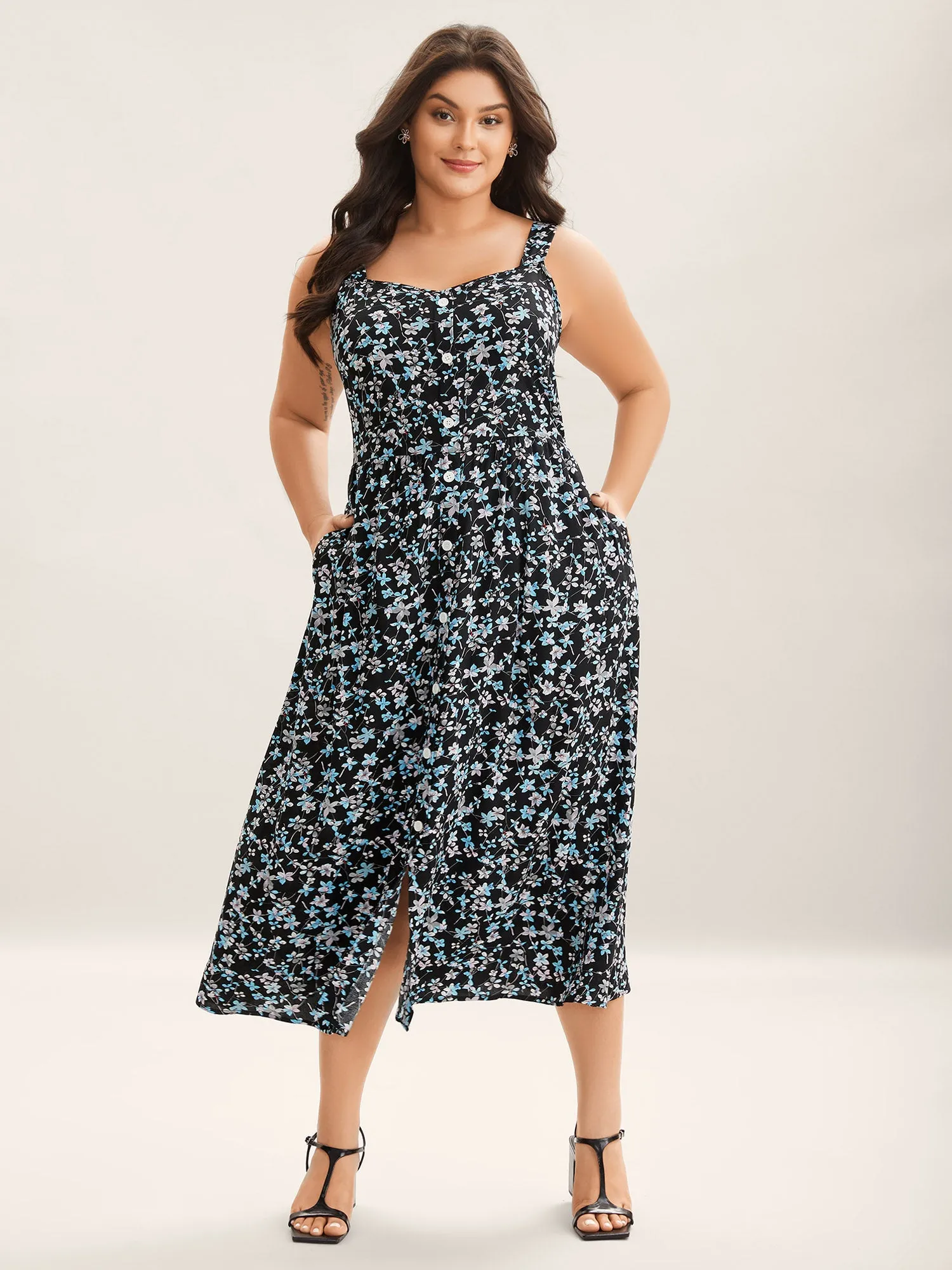 Floral Print Button Detail Sleeveless Pockets Midi Dress sold by Bloomchic
