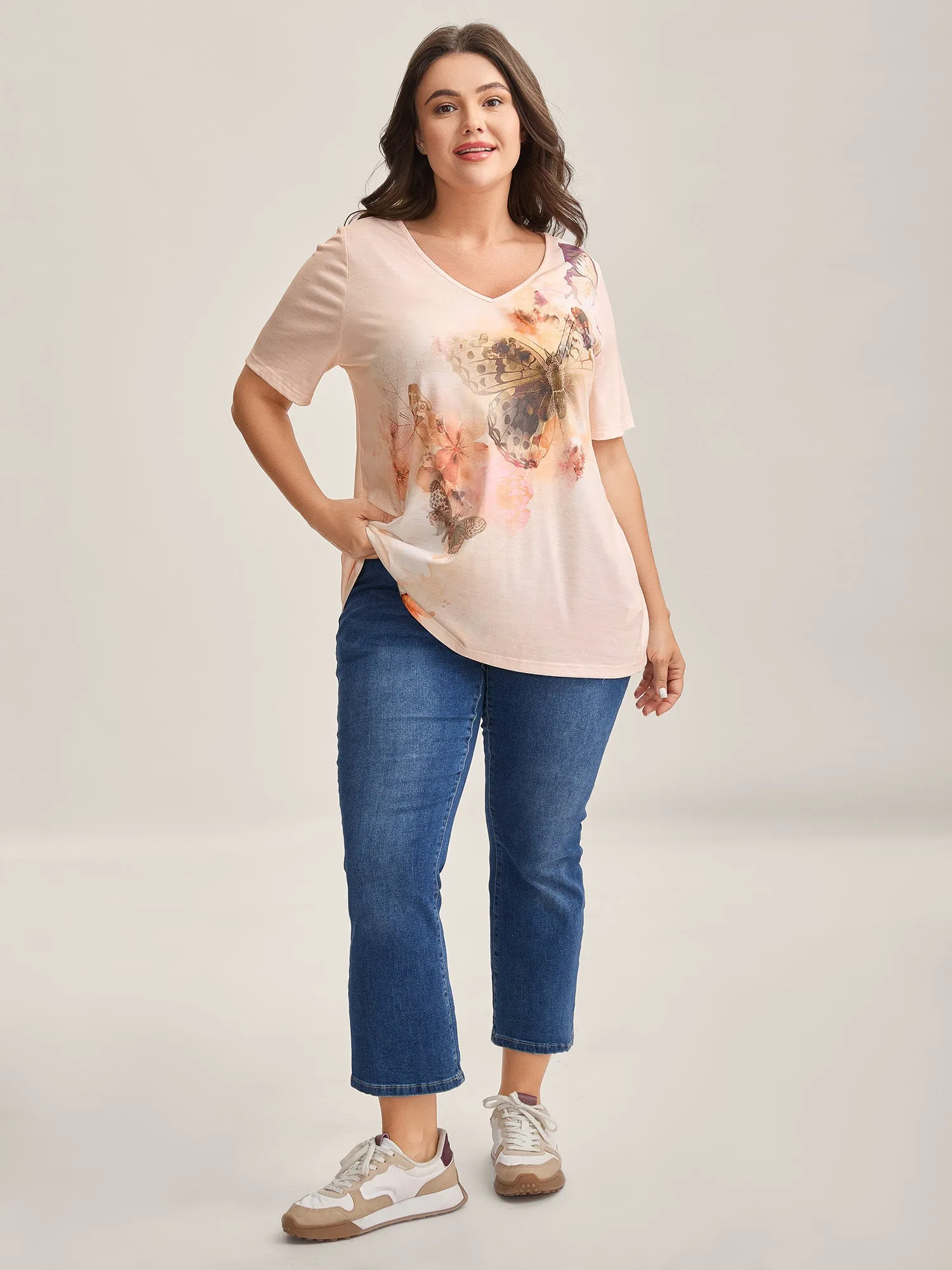 Stretchy Butterfly Print V Neck T-Shirt sold by Bloomchic product image thumbnail 3