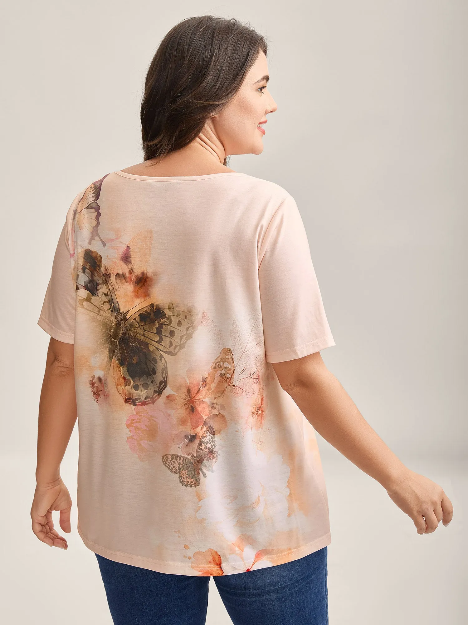 Stretchy Butterfly Print V Neck T-Shirt sold by Bloomchic product image thumbnail 5