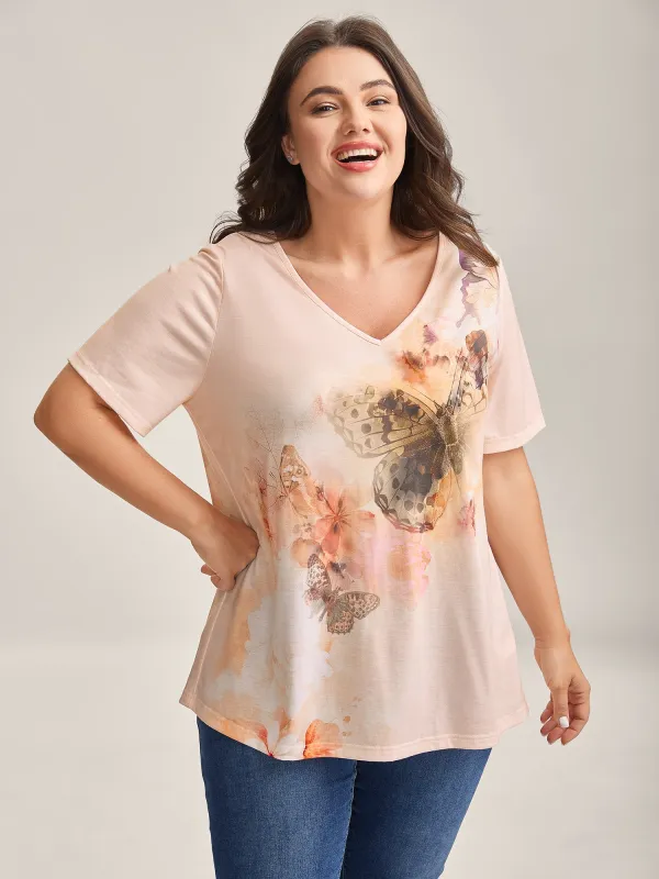 Stretchy Butterfly Print V Neck T-Shirt sold by Bloomchic