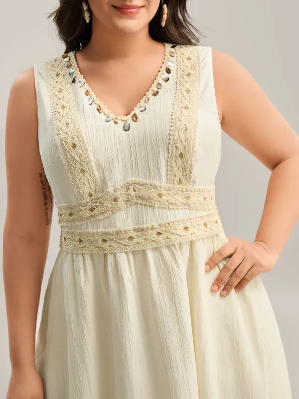 Textured Solid Lace Trim Midi Dress sold by Bloomchic