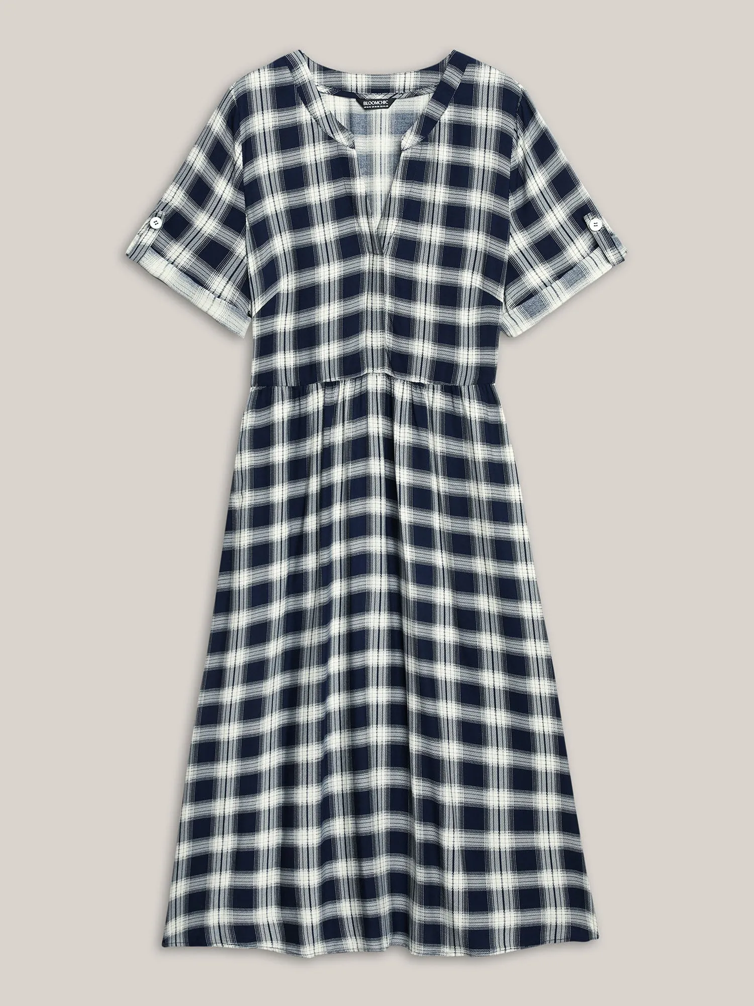 Plaid Pattern Tab Sleeve Pockets Midi Dress sold by Bloomchic product image thumbnail 5