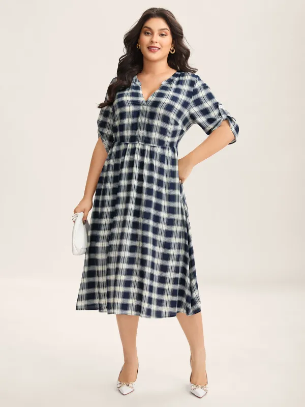 Plaid Pattern Tab Sleeve Pockets Midi Dress sold by Bloomchic