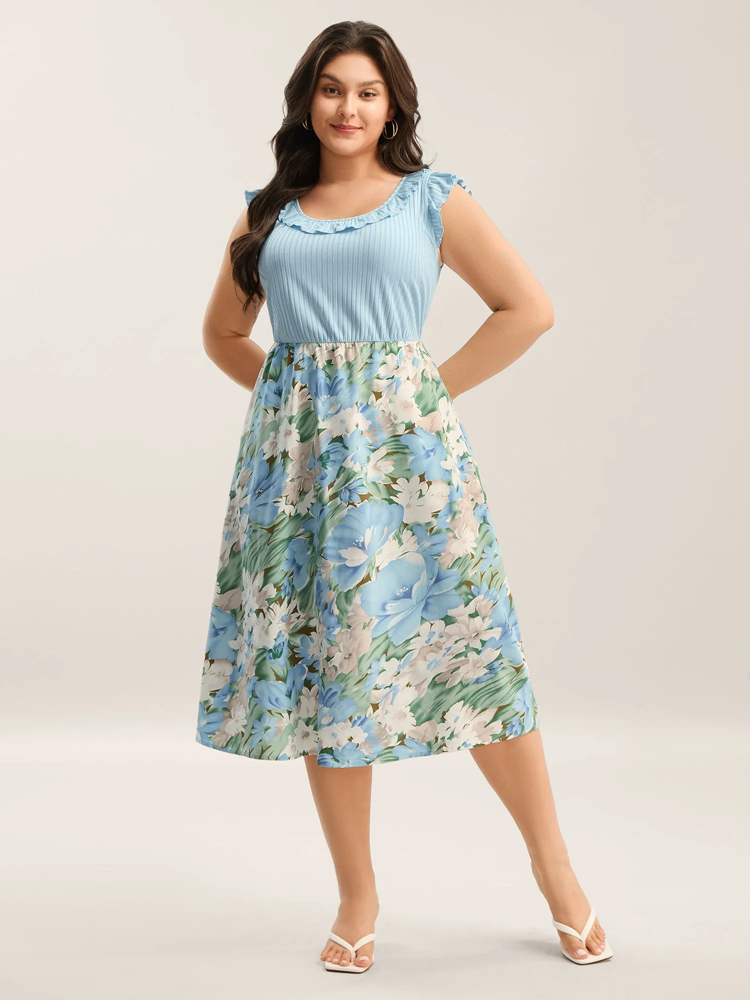 Floral Print Ribbed Stretchy Waist Midi Dress sold by Bloomchic product image thumbnail 3