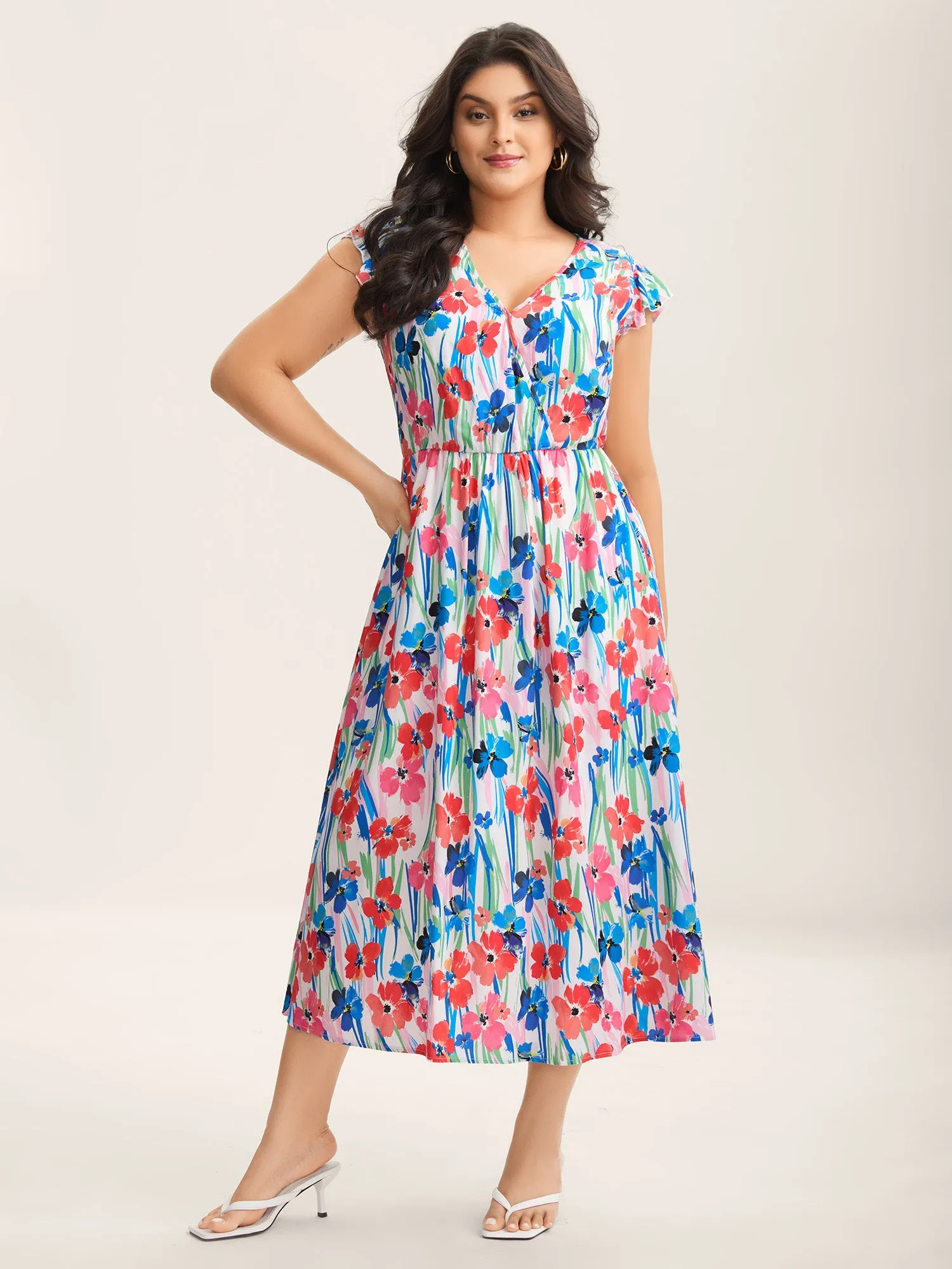 Rayon Floral Print Surplice Pockets Midi Dress sold by Bloomchic product image thumbnail 4