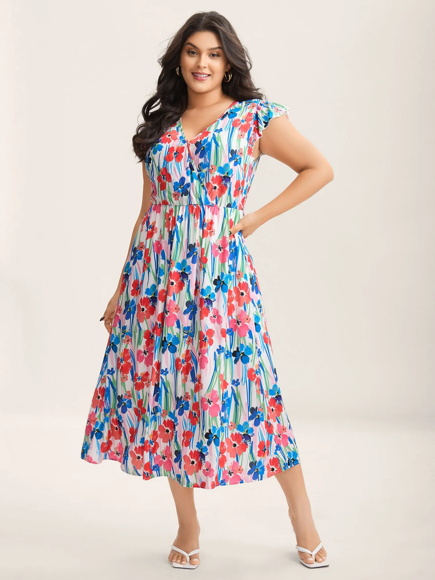 Rayon Floral Print Surplice Pockets Midi Dress sold by Bloomchic product image thumbnail 2