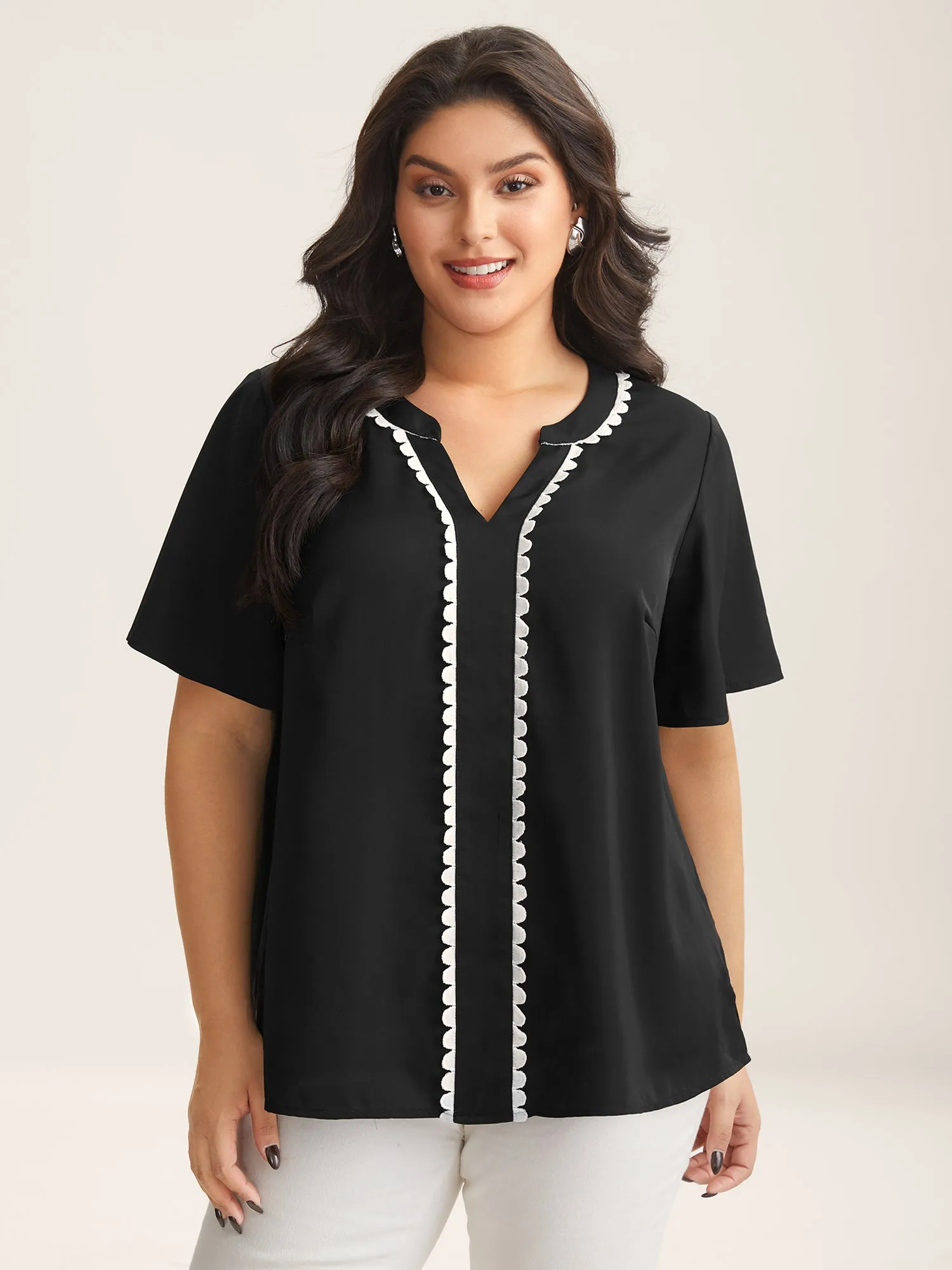 Lace Trim Notched Collar Solid Blouse sold by Bloomchic