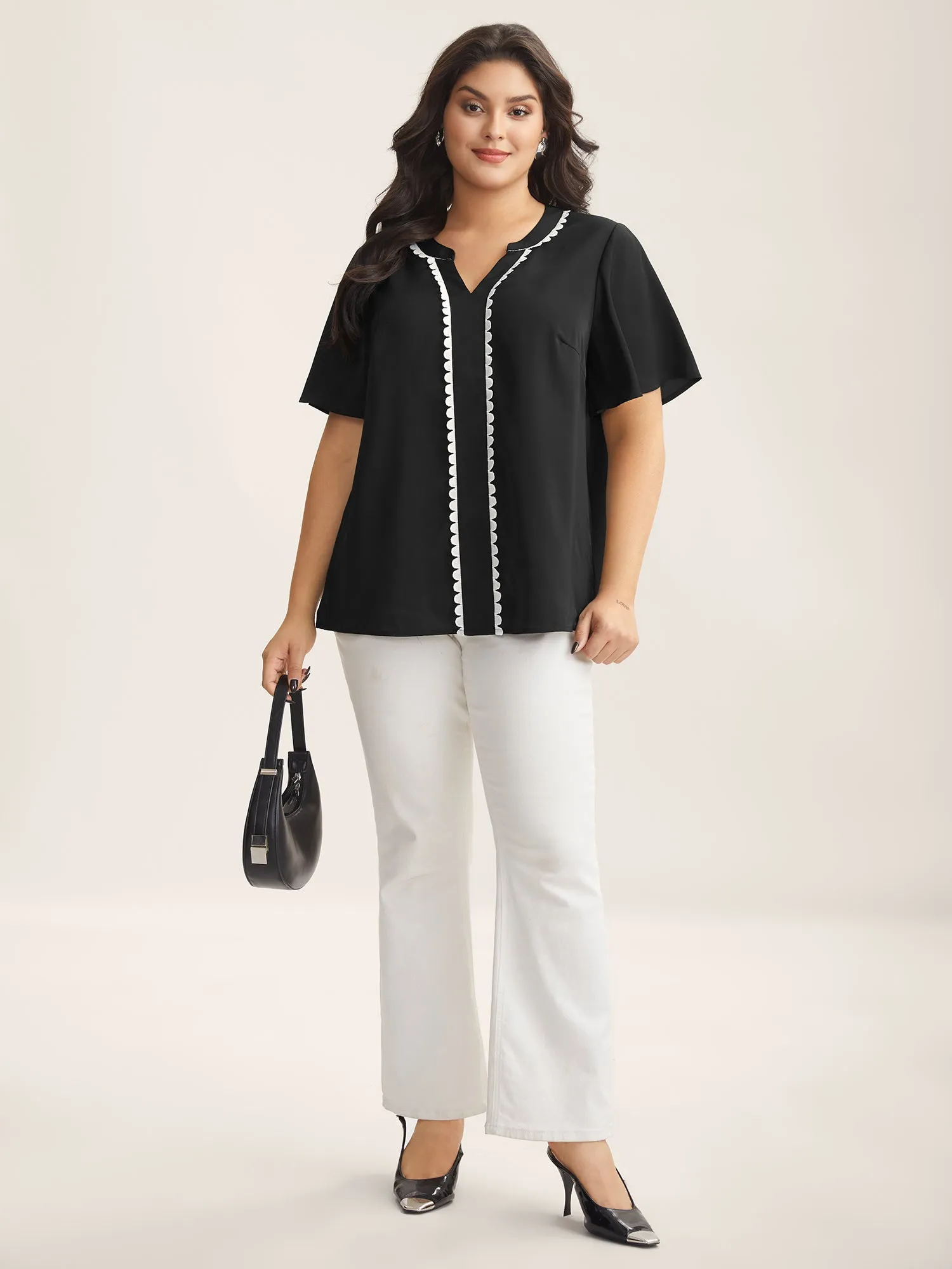 Lace Trim Notched Collar Solid Blouse sold by Bloomchic product image thumbnail 3