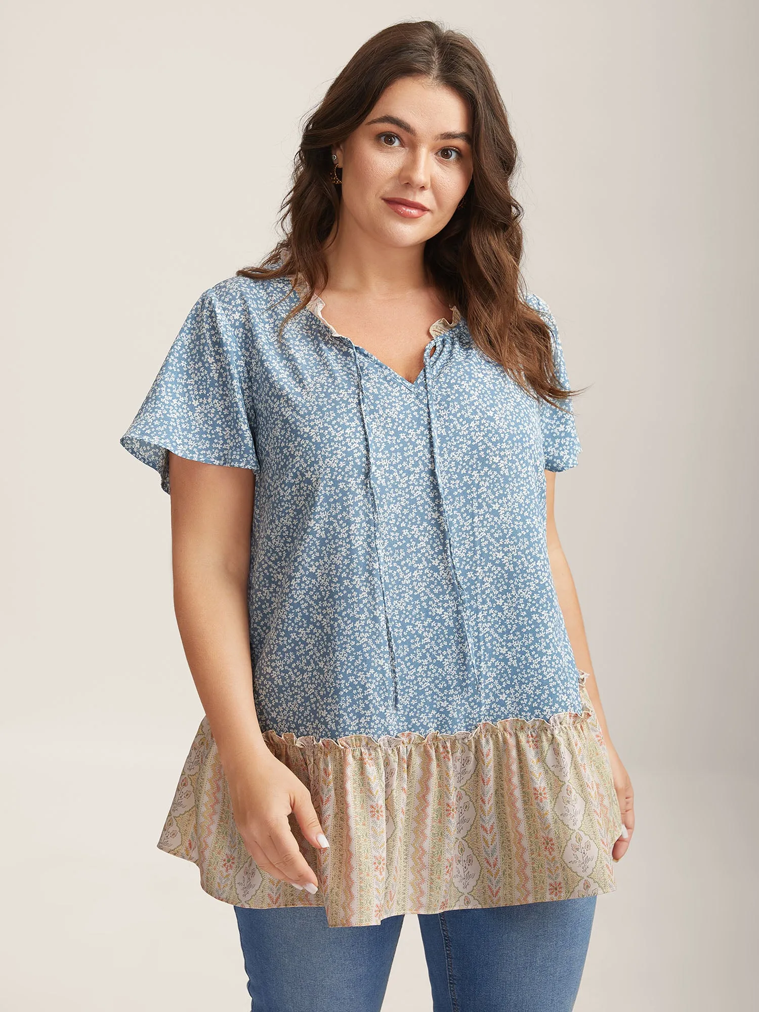 Ruffled Neck Tie Floral Print Blouse sold by Bloomchic