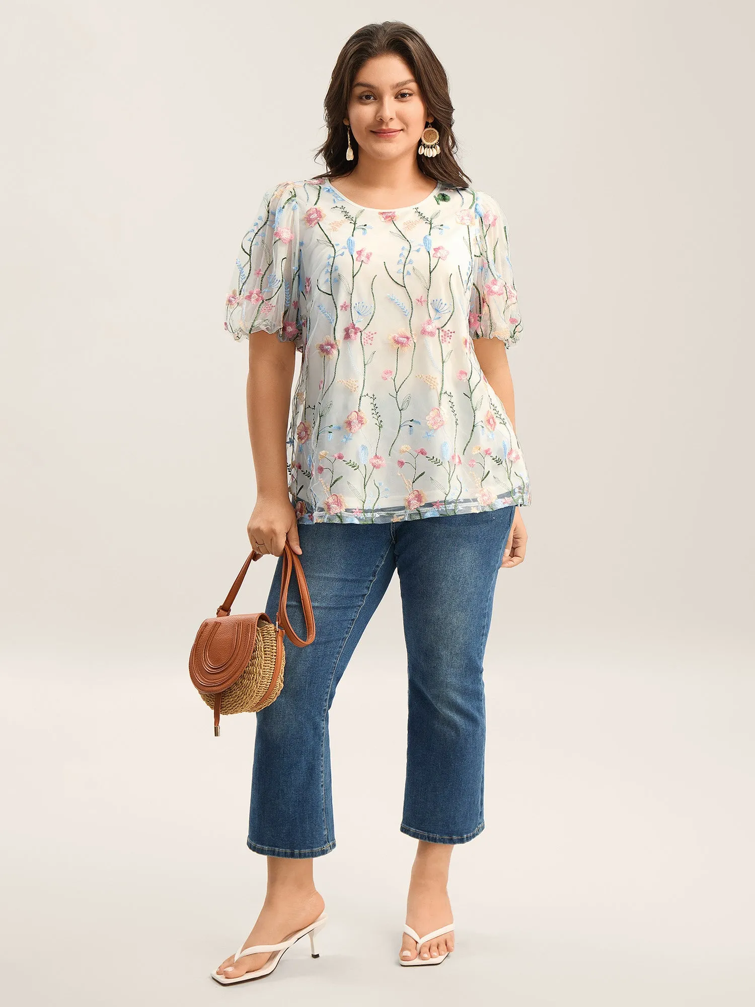 Floral Embroidered Mesh Bubble Sleeve Blouse sold by Bloomchic product image thumbnail 4