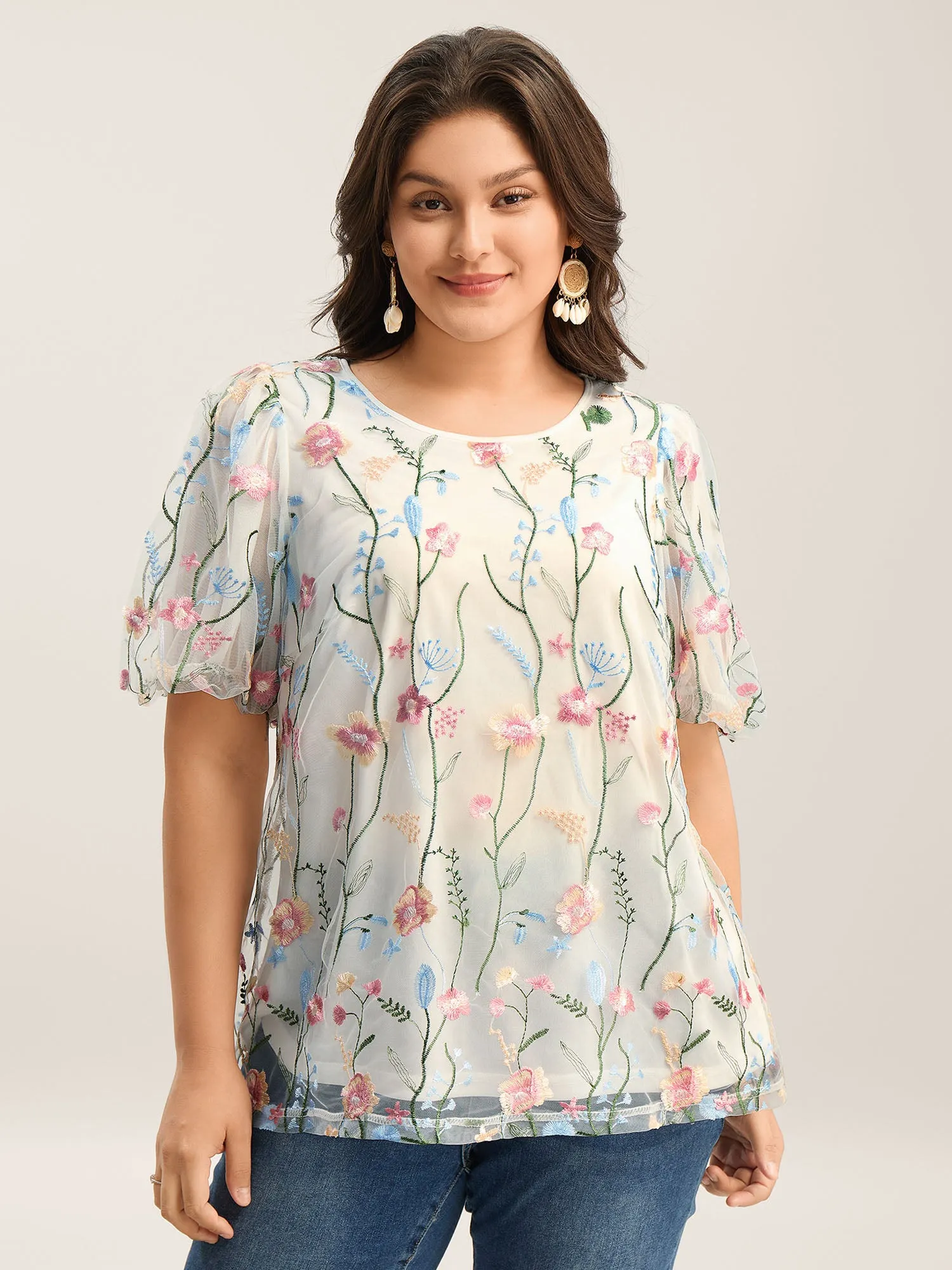 Floral Embroidered Mesh Bubble Sleeve Blouse sold by Bloomchic