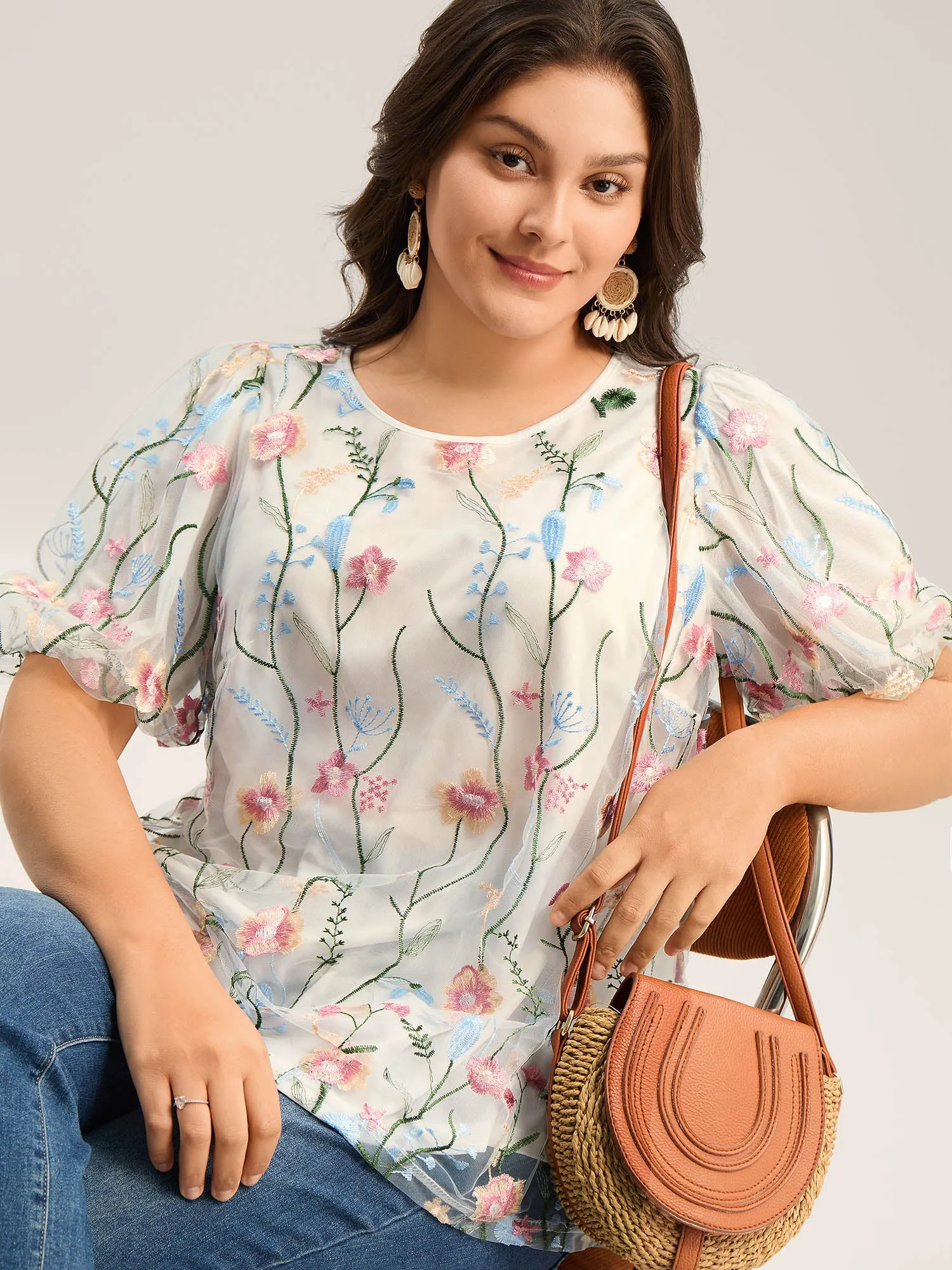 Floral Embroidered Mesh Bubble Sleeve Blouse sold by Bloomchic product image thumbnail 3