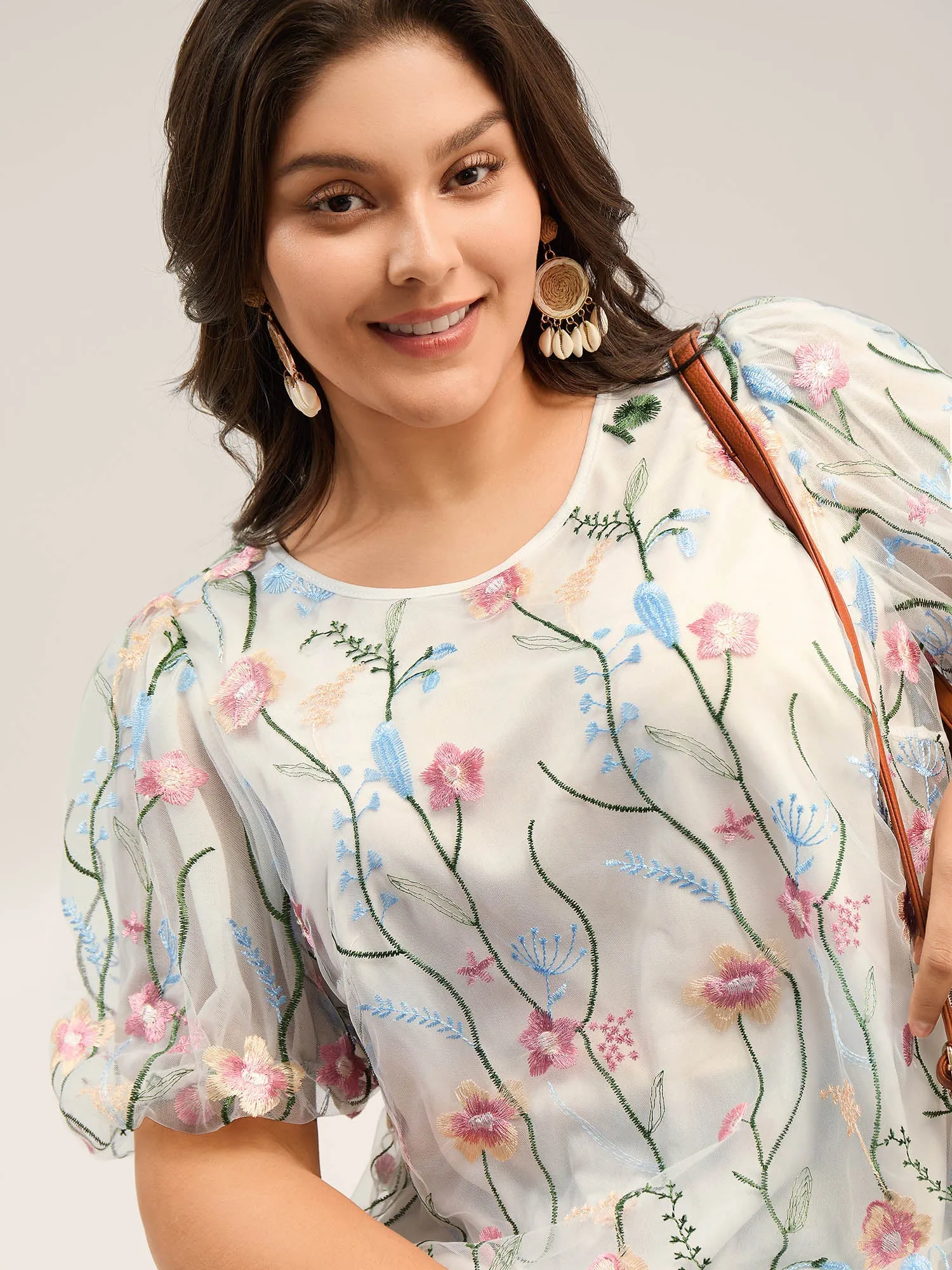 Floral Embroidered Mesh Bubble Sleeve Blouse sold by Bloomchic product image thumbnail 2